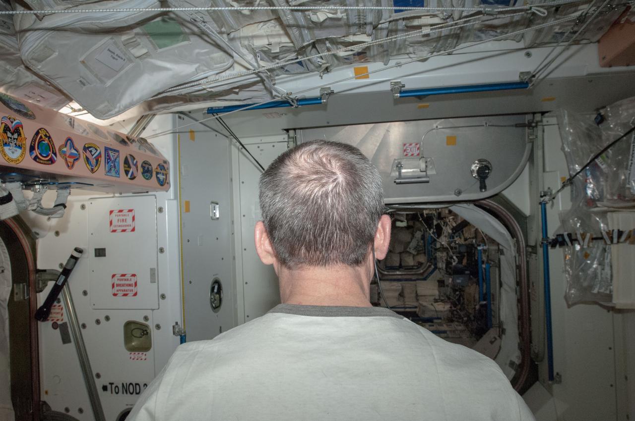 Expedition 35 commander and Canadian Space Agency astronaut Chris Hadfield (facing away from camera) poses for a photo in the Unity Node 1 after getting a haircut.