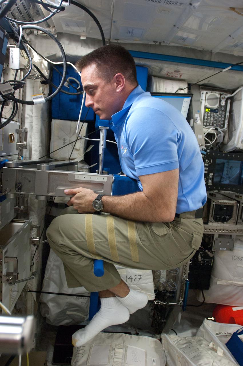 ISS035-E-017874 (8 April 2013) --- NASA astronaut Chris Cassidy, Expedition 35 flight engineer, performs Body Mass Measurement activities using the Space Linear Acceleration Mass Measurement Device (SLAMMD) in the Columbus European Laboratory aboard the Earth-orbiting International Space Station. Since crew members can?t weigh themselves in zero-g, they use this method as the next best thing. Skylab astronauts, the first NASA crew members to fly in space for over a month at a time, some 40 years ago, used a body mass measurement device that was somewhat different from this.