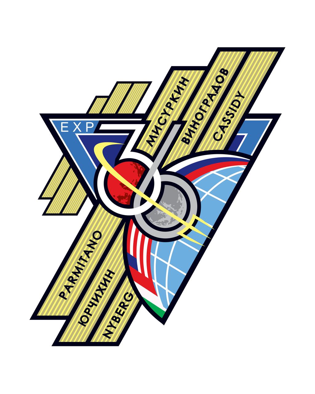 ISS036-S-001 (January 2012) --- The dynamic design of the Expedition 36 patch portrays the International Space Station?s (ISS) iconic solar arrays.  The slanted angles denote a kinetic energy leading from the Earth in the lower right to the upper left tip of the triangular shape of the patch, representing the infinite scientific research, education, and long-duration spaceflight capabilities the ISS provides with each mission, as well as our goal for future exploration beyond the Space Station.  The numbers 3 and 6 harmoniously intertwine to form expedition number 36 and its gray coloration signifies the unity and neutrality among all of the international partners of the ISS.  The blue and gold color scheme of the patch represents the subtle way the central gold orbit wraps around the number 36 to form a trident at its lower right tip. The trident also symbolizes the sea, air, and land, all of which make up the Earth from where the trident originates in the design.     The NASA insignia design for shuttle and space station flights is reserved for use by the astronauts and for other official use as the NASA Administrator may authorize. Public availability has been approved only in the form of illustrations by the various news media. When and if there is any change in this policy, which is not anticipated, it will be publicly announced.    Photo credit: NASA