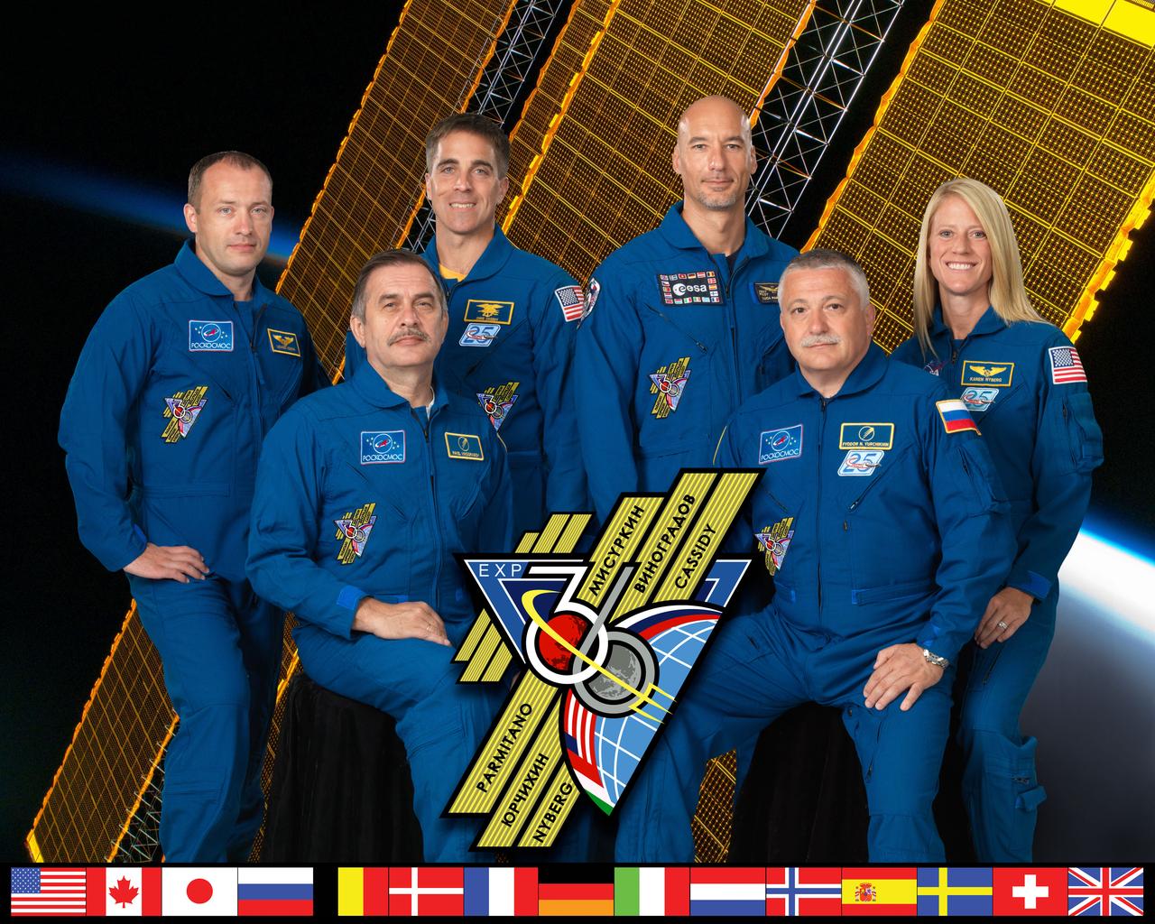 Expedition 36 official portrait. Crew members are: (Soyuz 34) – Pavel Vinogradov, Alexander Misurkin, Chris Cassidy; (Soyuz 35) – Fedor Yurchikhin, Luca Parmitano, Karen Nyberg. (Also known as Expedition 36/37).  Photo Date: July 31, 2012.  Location: Building 8, Rm. 183 - Photo Studio.  Photographer: Robert Markowitz