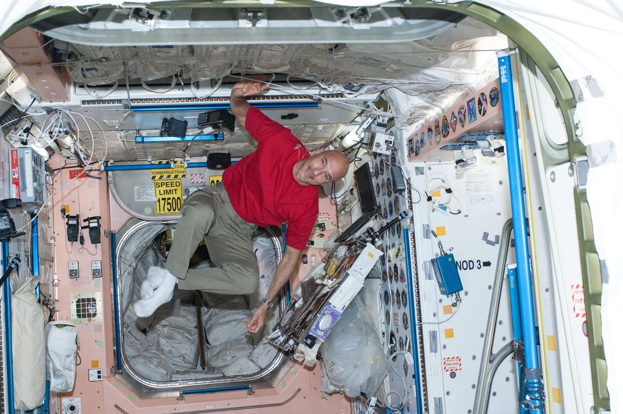 ISS036-E-005522 (31 May 2013) --- It's recess time for a floating Luca Parmitano, Expedition 36 flight engineer representing the European Space Agency, in the Unity node aboard the International Space Station.