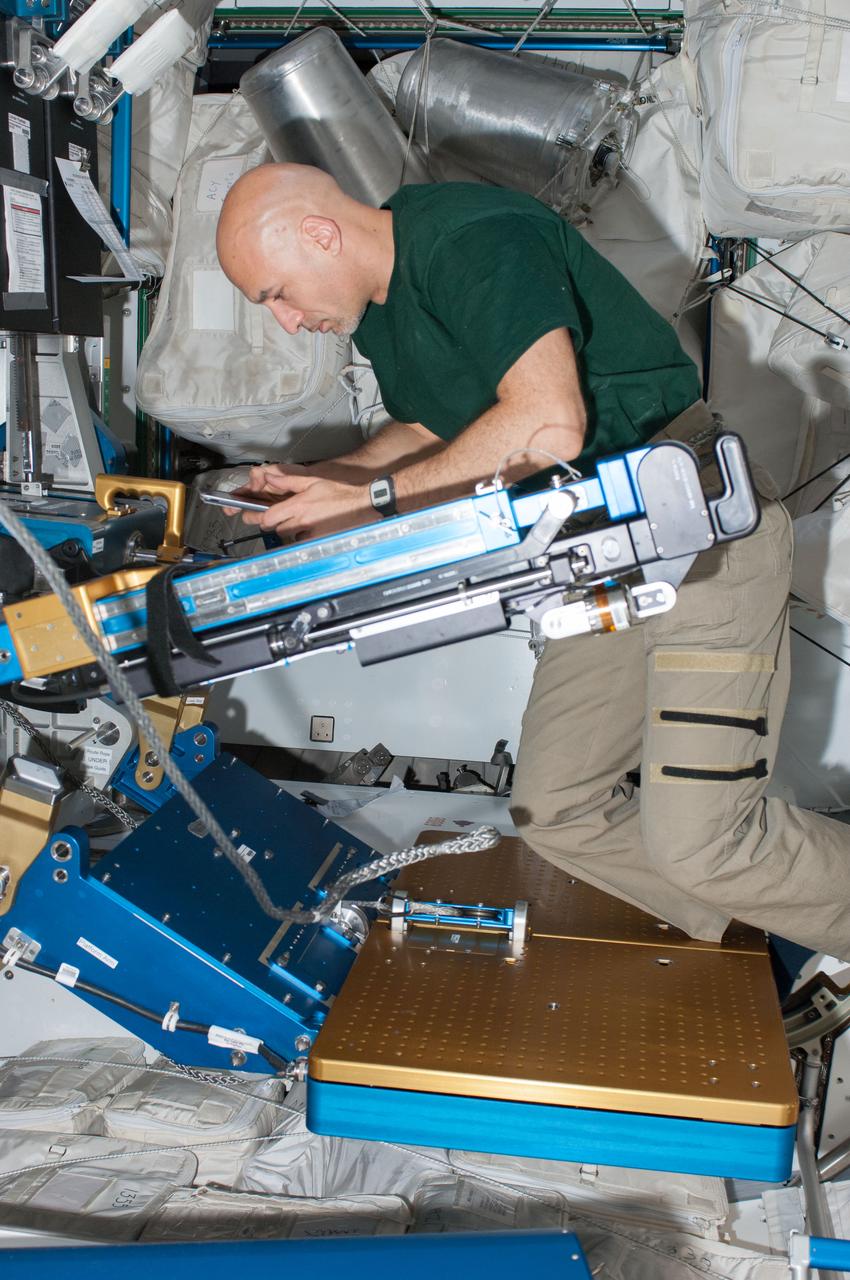ISS036-E-008912 (17 June 2013) --- European Space Agency astronaut Luca Parmitano, Expedition 36 flight engineer, performs in-flight maintenance on the advanced Resistive Exercise Device (aRED) in the Tranquility node of the International Space Station.