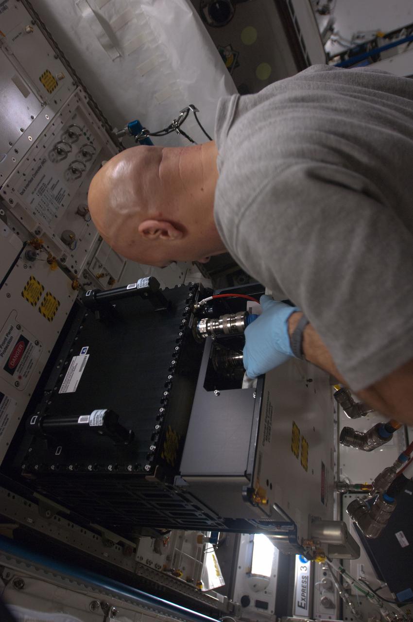ISS036-E-009550 (19 June 2013) --- European Space Agency astronaut Luca Parmitano, Expedition 36 flight engineer, installs the Fundamental and Applied Studies of Emulsion Stability (FASES) experiment container into the Central Experiment Module (CEM) Lower of Fluid Science Laboratory (FSL) in the Columbus laboratory of the International Space Station.