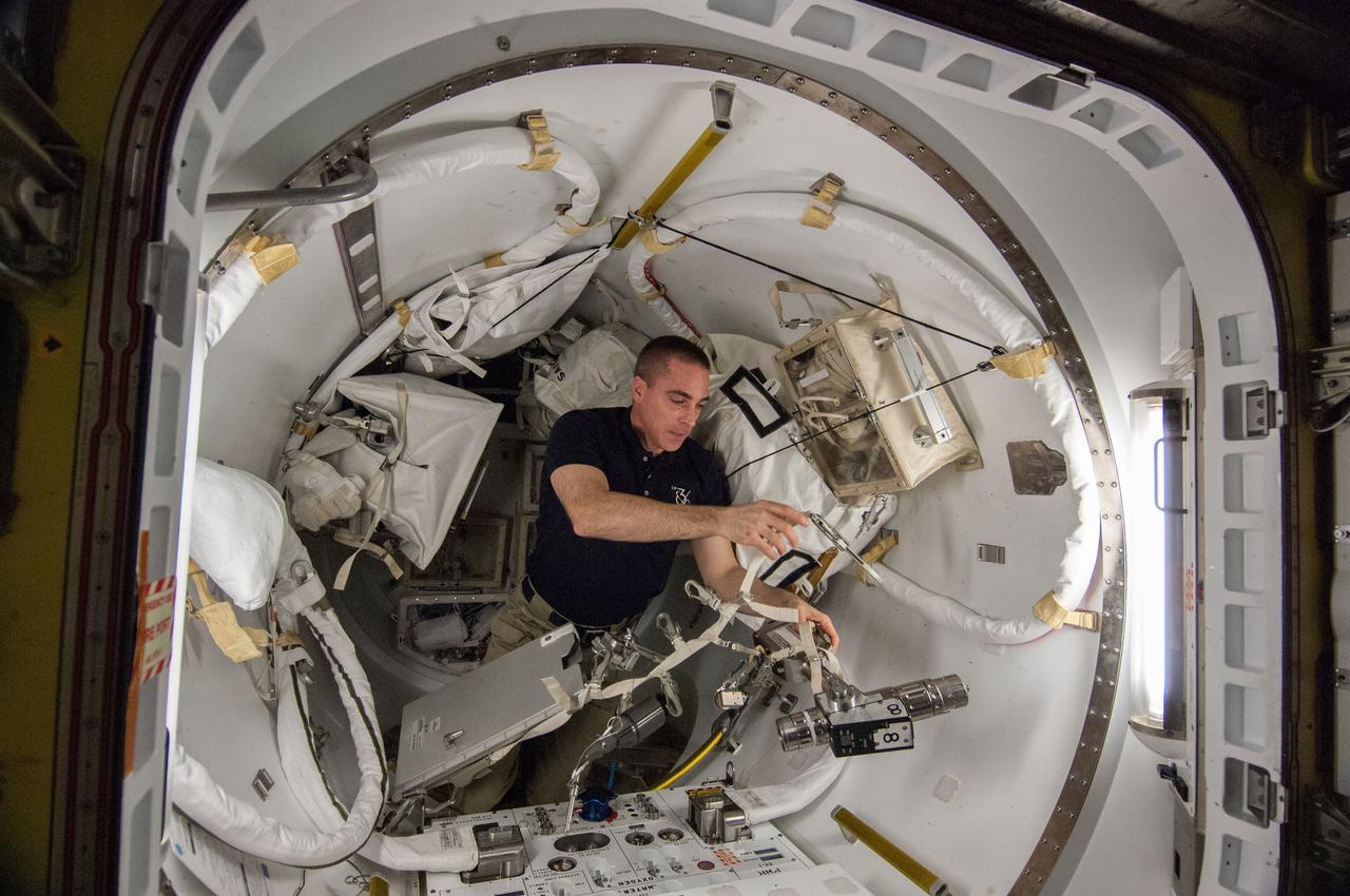 ISS036-E-013069 (30 June 2013) --- NASA astronaut Chris Cassidy, Expedition 36 flight engineer, works with spacewalk equipment in the Quest airlock of the International Space Station in preparation for the first of two sessions of extravehicular activity (EVA) scheduled for July 9 and July 16.