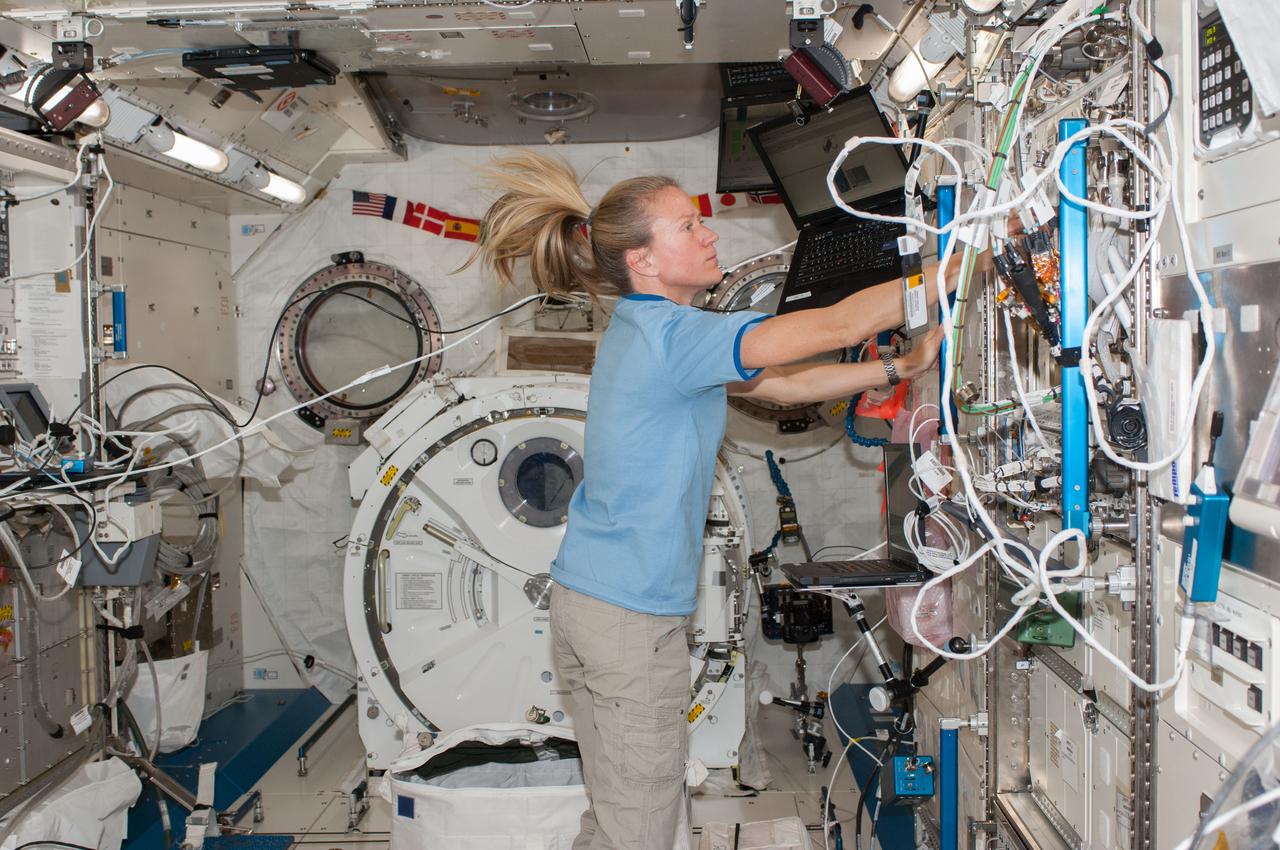 ISS036-E-013794 (1 July 2013) --- NASA astronaut Karen Nyberg, Expedition 36 flight engineer, works in the Kibo laboratory of the International Space Station.