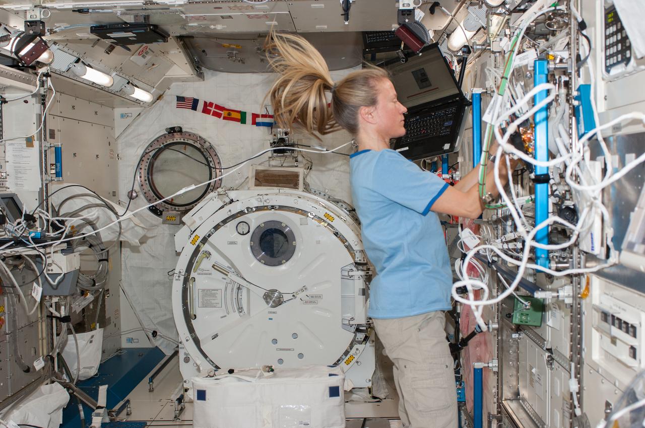 ISS036-E-013810 (1 July 2013) --- NASA astronaut Karen Nyberg, Expedition 36 flight engineer, works in the Kibo laboratory of the International Space Station.