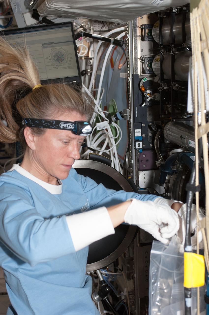 ISS036-E-015530 (5 July 2013) --- NASA astronaut Karen Nyberg, Expedition 36 flight engineer, services the Combustion Integrated Rack (CIR) Multi-user Droplet Combustion Apparatus (MDCA) in the International Space Station's Destiny laboratory.
