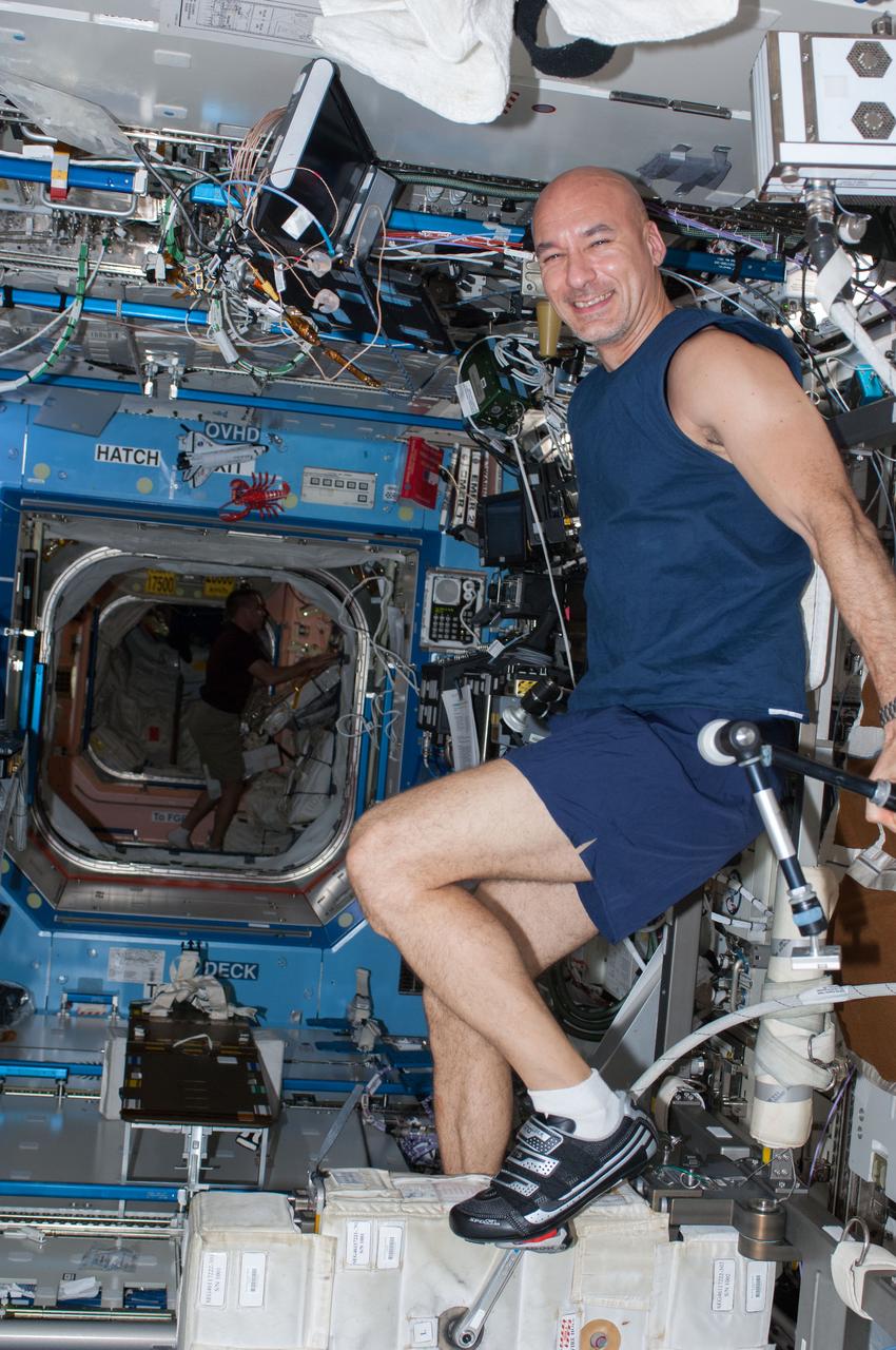 ISS036-E-015570 (6 July 2013) --- European Space Agency astronaut Luca Parmitano, Expedition 36 flight engineer, exercises on the Cycle Ergometer with Vibration Isolation System (CEVIS) in the Destiny laboratory of the International Space Station.