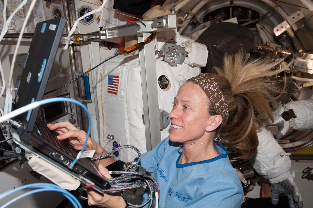 ISS036-E-017843 (11 July 2013) --- NASA astronaut Karen Nyberg, Expedition 36 flight engineer, uses a computer in the Quest airlock of the International Space Station.
