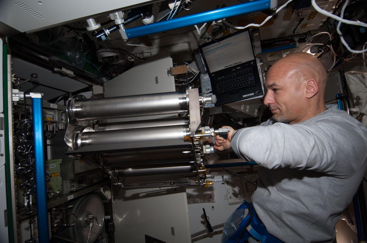 ISS036-E-018008 (12 July 2013) --- European Space Agency astronaut Luca Parmitano, Expedition 36 flight engineer, removes and replaces the particulate filter for the Water Pump Assembly 2 (WPA2) in Tranquility (also called Node 3) on the International Space Station.