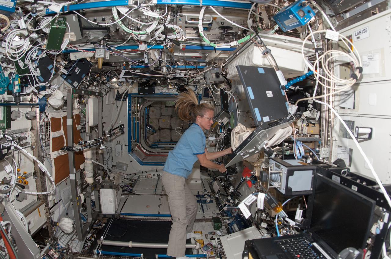 In the International Space Stations Destiny laboratory,NASA astronaut Karen Nyberg,Expedition 36 flight engineer,speaks into a microphone while conducting a session with the Advanced Colloids Experiment (ACE)-1 sample preparation at the Light Microscopy Module (LMM) in the Fluids Integrated Rack / Fluids Combustion Facility (FIR/FCF). ACE-1 is a series of microscopic imaging investigations that uses the microgravity environment to examine flow characteristics and the evolution and ordering effects within a group of colloidal materials.