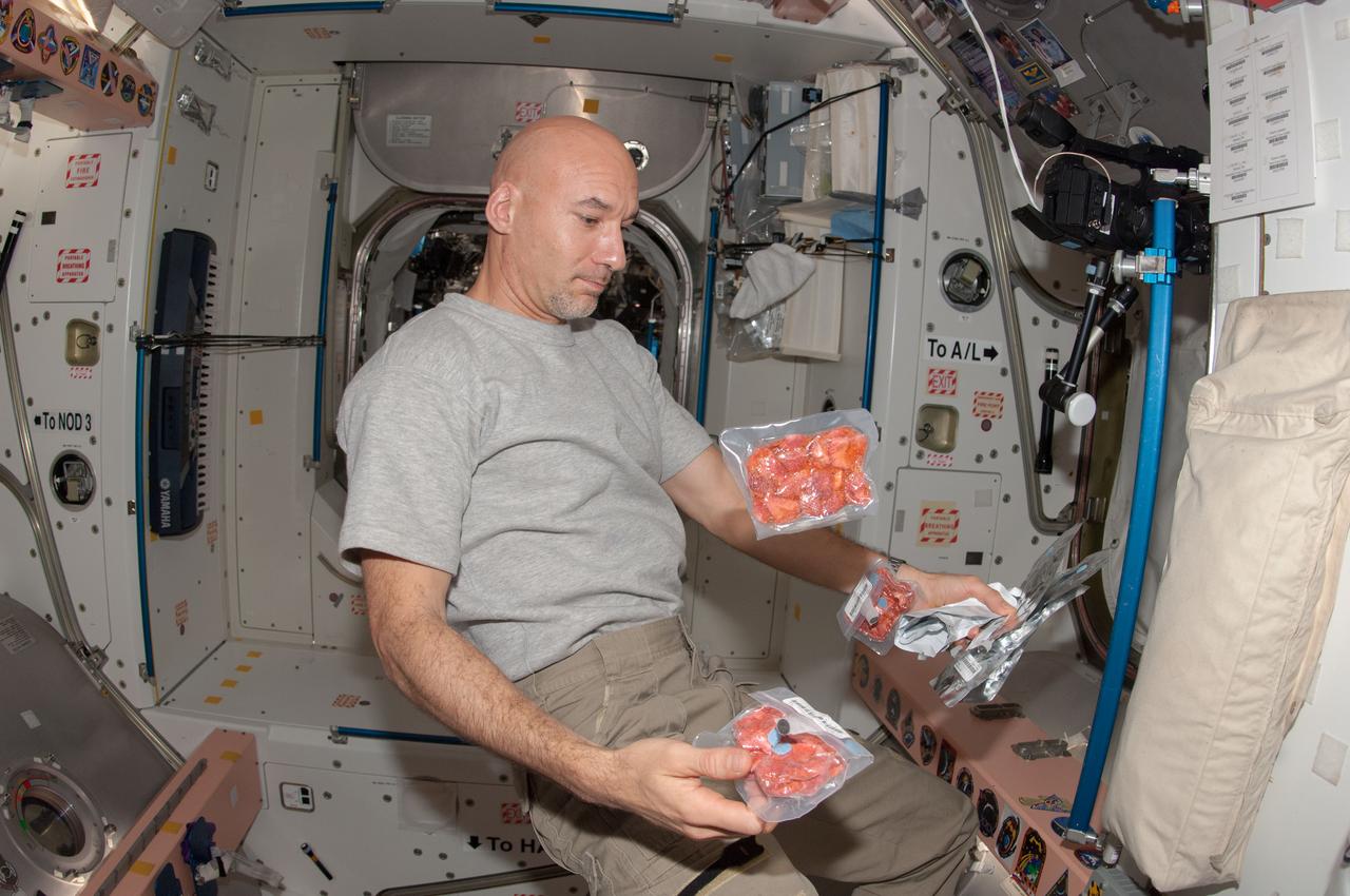 ISS036-E-019772 (24 June 2013) --- European Space Agency astronaut Luca Parmitano, Expedition 36 flight engineer, is pictured near food packages floating freely in the Unity node of the International Space Station.
