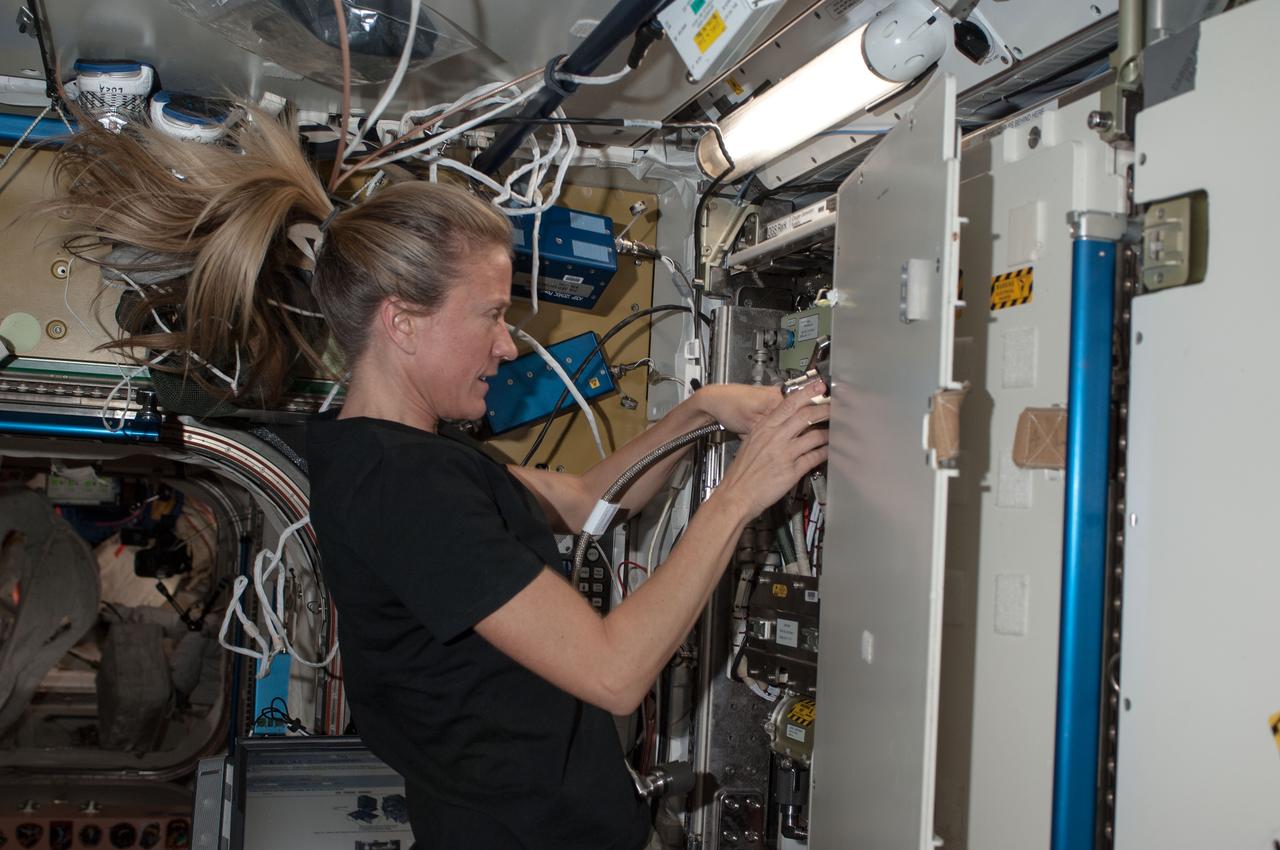 ISS036-E-021797 (18 July 2013) --- NASA astronaut Karen Nyberg, Expedition 36 flight engineer, performs a remove and replace of the Oxygen Generation System (OGS) Hydrogen (H2) Sensor in the Tranquility node of the International Space Station.