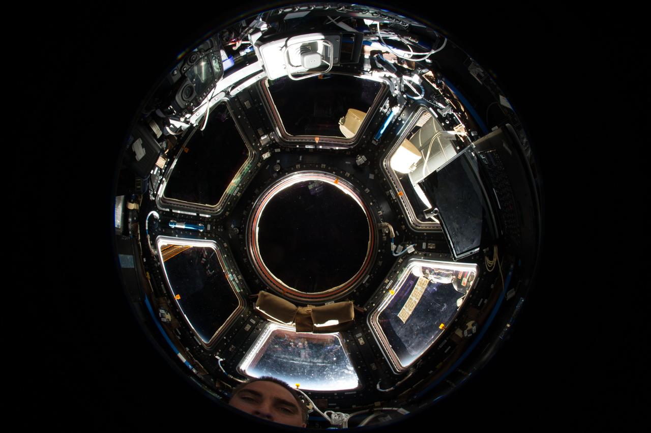 ISS036-E-022157 (20 July 2013) --- A fisheye lens attached to an electronic still camera was used to capture this image of the International Space Station’s Cupola and NASA astronaut Chris Cassidy (mostly out of frame at bottom), Expedition 36 flight engineer.