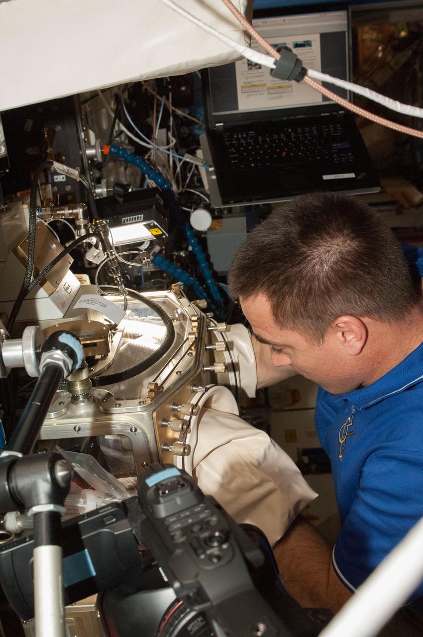 ISS036-E-023770 (22 July 2013) --- NASA astronaut Chris Cassidy, Expedition 36 flight engineer, conducts science work with the ongoing experiment Advanced Colloids Experiment-1 (ACE-1) inside the Fluids Integrated Rack. The experiment observes colloids, microscopic particles evenly dispersed throughout materials, with the potential for manufacturing improved materials and products on Earth. Cassidy is working at the Light Microscopy Module (LMM) in the Destiny laboratory of the International Space Station.