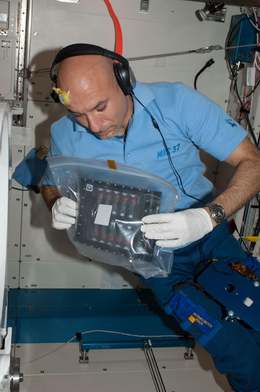 ISS036-E-024483 (23 July 2013) --- European Space Agency astronaut Luca Parmitano, Expedition 36 flight engineer, holds a bag while performing evening prep work in the Kibo laboratory of the International Space Station. Parmitano is wearing a Thermolab Double Sensor on his forehead which is used on the Circadian Rhythms Experiment. This experiment examines the hypothesis that long-term spaceflights significantly affect the synchronization of the circadian rhythms in human beings due to changes of a non-24 hour light-dark cycle.