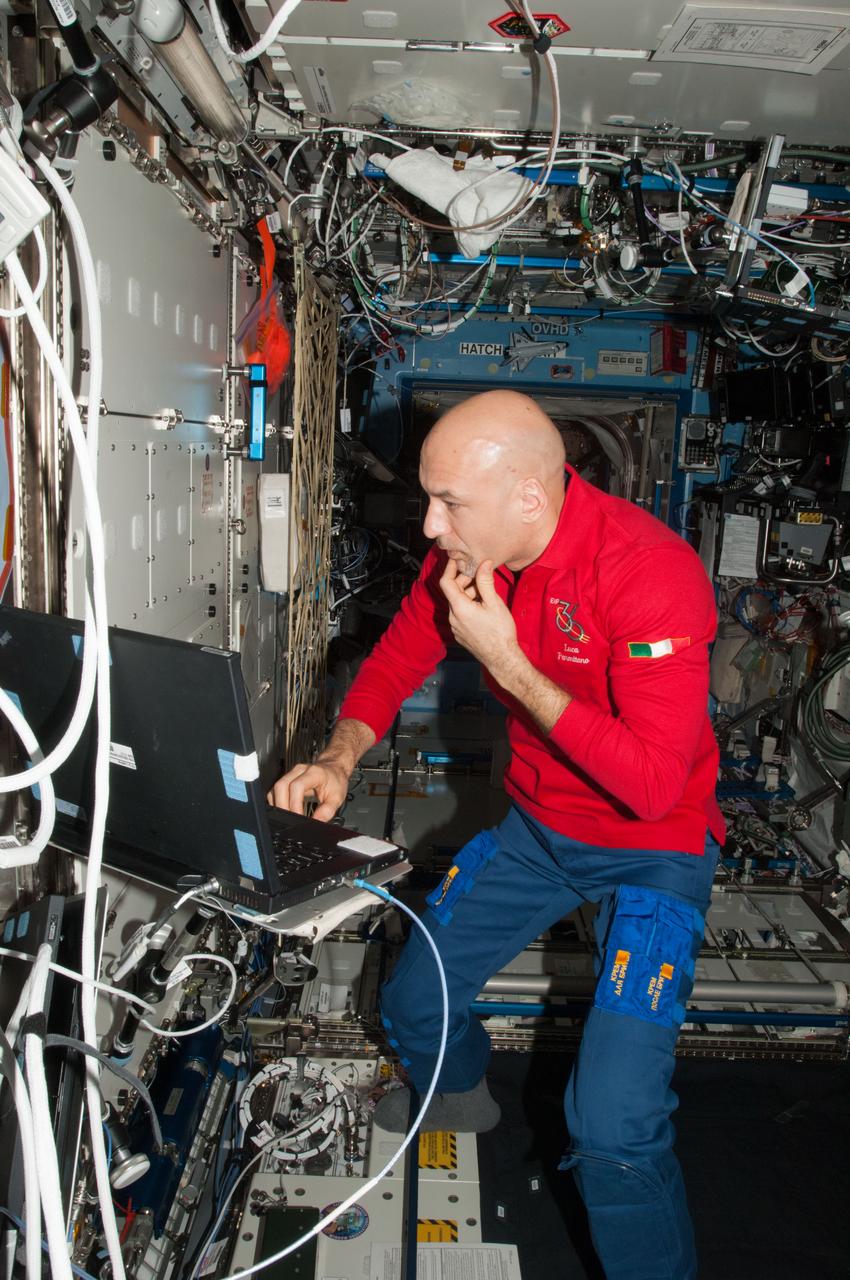 ISS036-E-024485 (24 July 2013) --- European Space Agency astronaut Luca Parmitano, Expedition 36 flight engineer, uses a computer in the Destiny laboratory of the International Space Station.