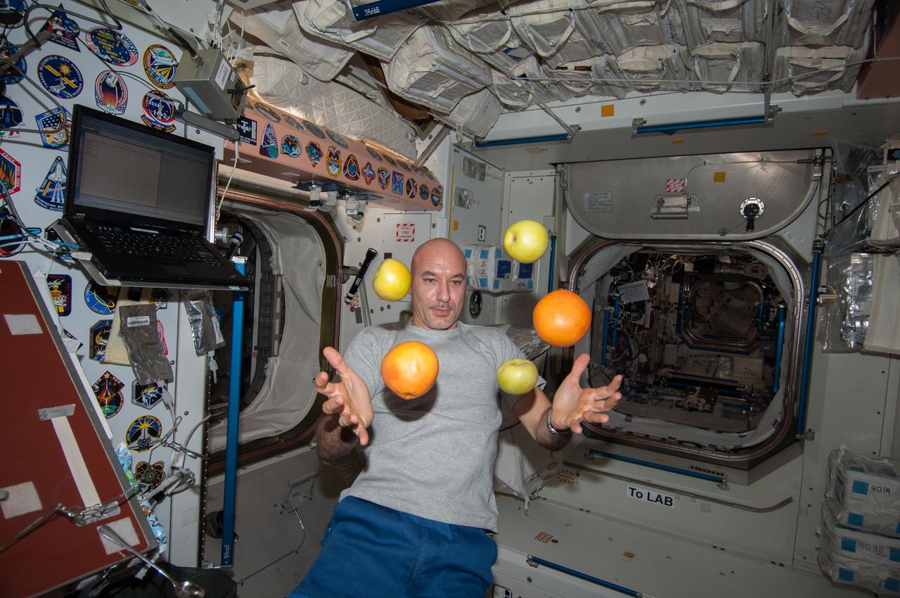 ISS036-E-025504 (28 July 2013) --- European Space Agency astronaut Luca Parmitano, Expedition 36 flight engineer, is pictured near fresh fruit floating freely in the Unity node of the International Space Station.