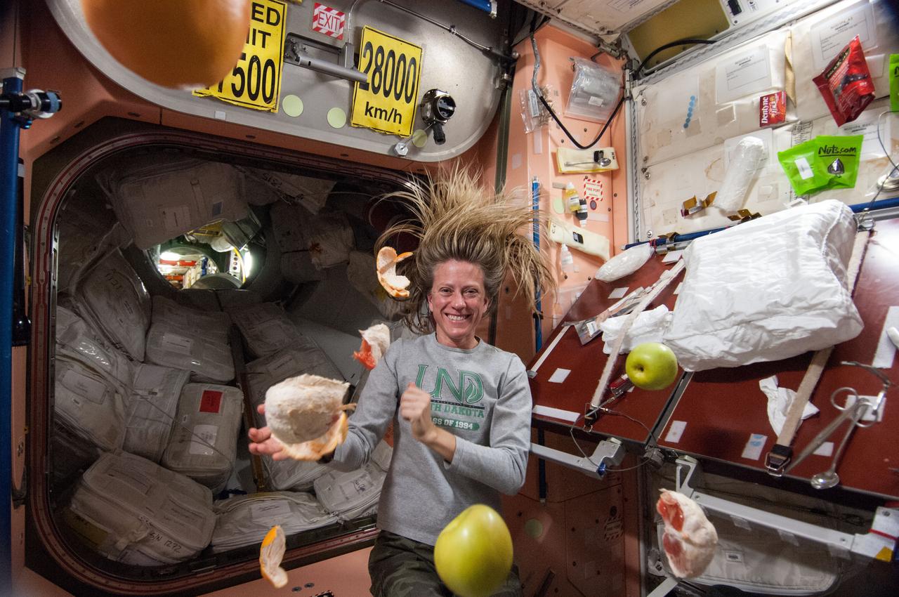 ISS036-E-025543 (28 July 2013) --- NASA astronaut Karen Nyberg, Expedition 36 flight engineer, is pictured near fresh fruit floating freely in the Unity node of the International Space Station.