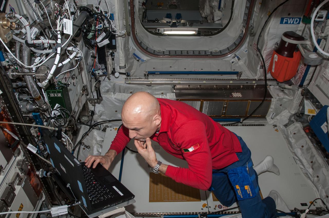 ISS036-E-026196 (29 July 2013) --- European Space Agency astronaut Luca Parmitano, Expedition 36 flight engineer, uses a computer in the Columbus laboratory of the International Space Station.
