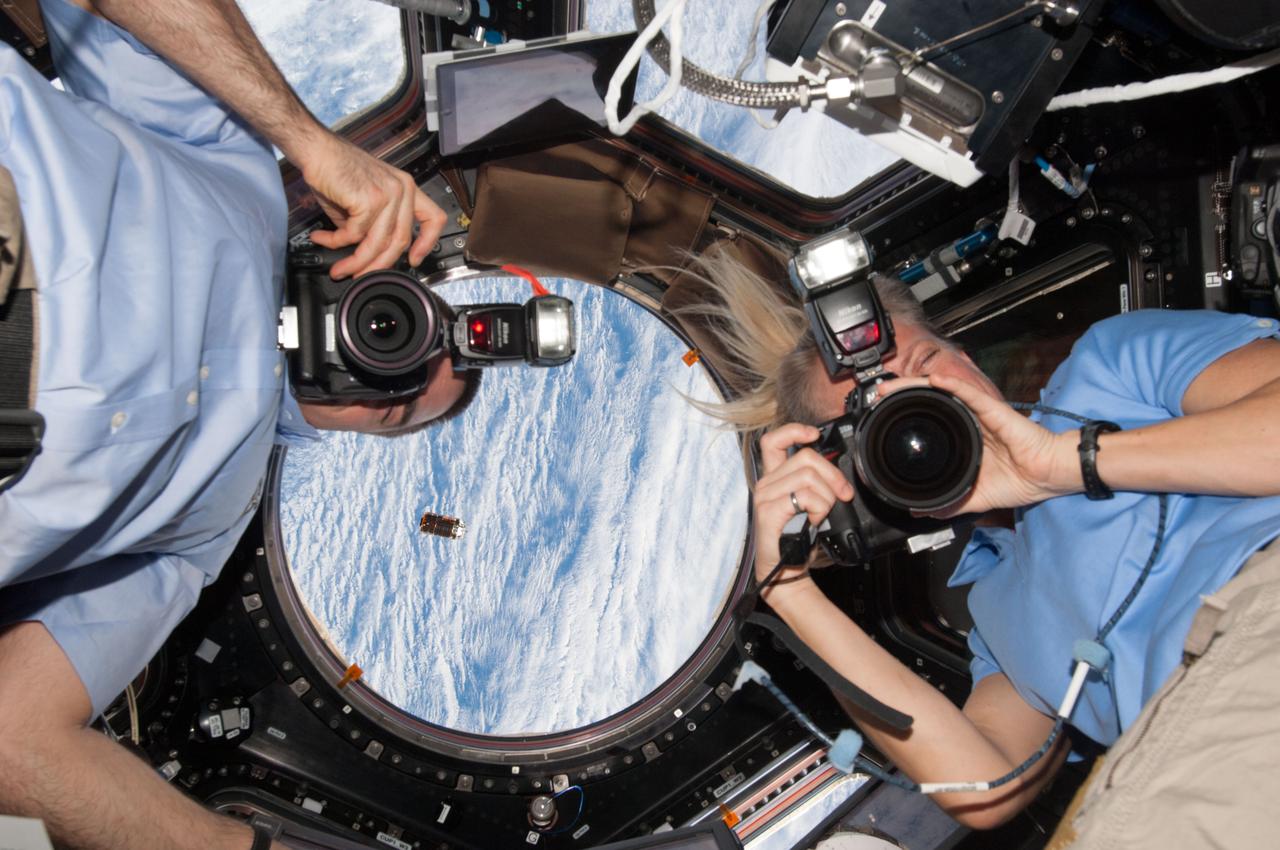 ISS036-E-029739 (9 Aug. 2013) --- NASA astronauts Chris Cassidy and Karen Nyberg, both Expedition 36 flight engineers, are pictured with still cameras in the Cupola of the International Space Station. The Japanese "Kounotori" H2 Transfer Vehicle-4 (HTV-4) is seen approaching the space station through a window.