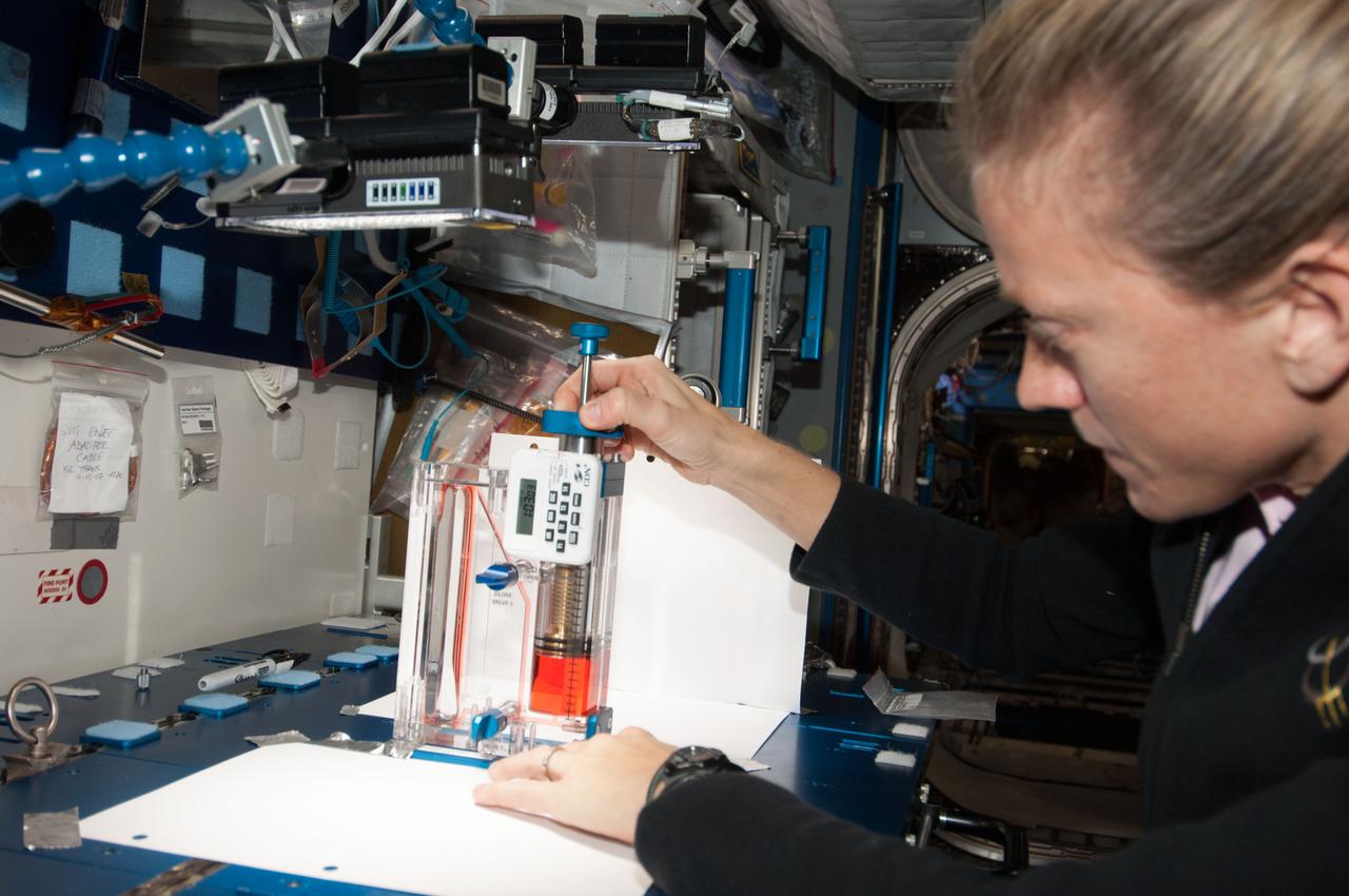 ISS036-E-029774 (8 Aug. 2013) --- NASA astronaut Karen Nyberg, Expedition 36 flight engineer, conducts a session with the Capillary Flow Experiment (CFE) in the Harmony node of the International Space Station. CFE observes the flow of fluid, in particular capillary phenomena, in microgravity. The data from this experiment will improve computer models used to design fluid transfer systems and fuel tanks on future spacecraft.