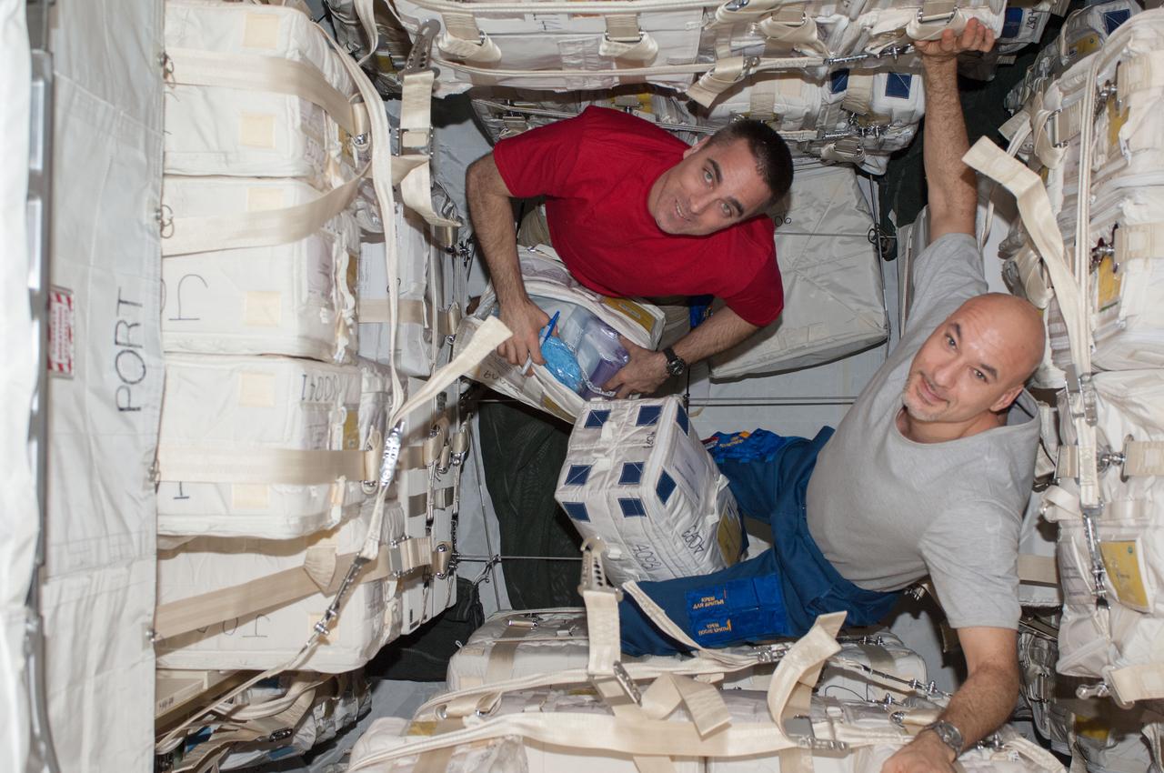 ISS036-E-030128 (10 Aug. 2013) --- NASA astronaut Chris Cassidy (left) and European Space Agency astronaut Luca Parmitano, both Expedition 36 flight engineers, work with the cargo in the newly attached Japanese "Kounotori" H2 Transfer Vehicle-4 (HTV-4) docked to the International Space Station's Harmony node.