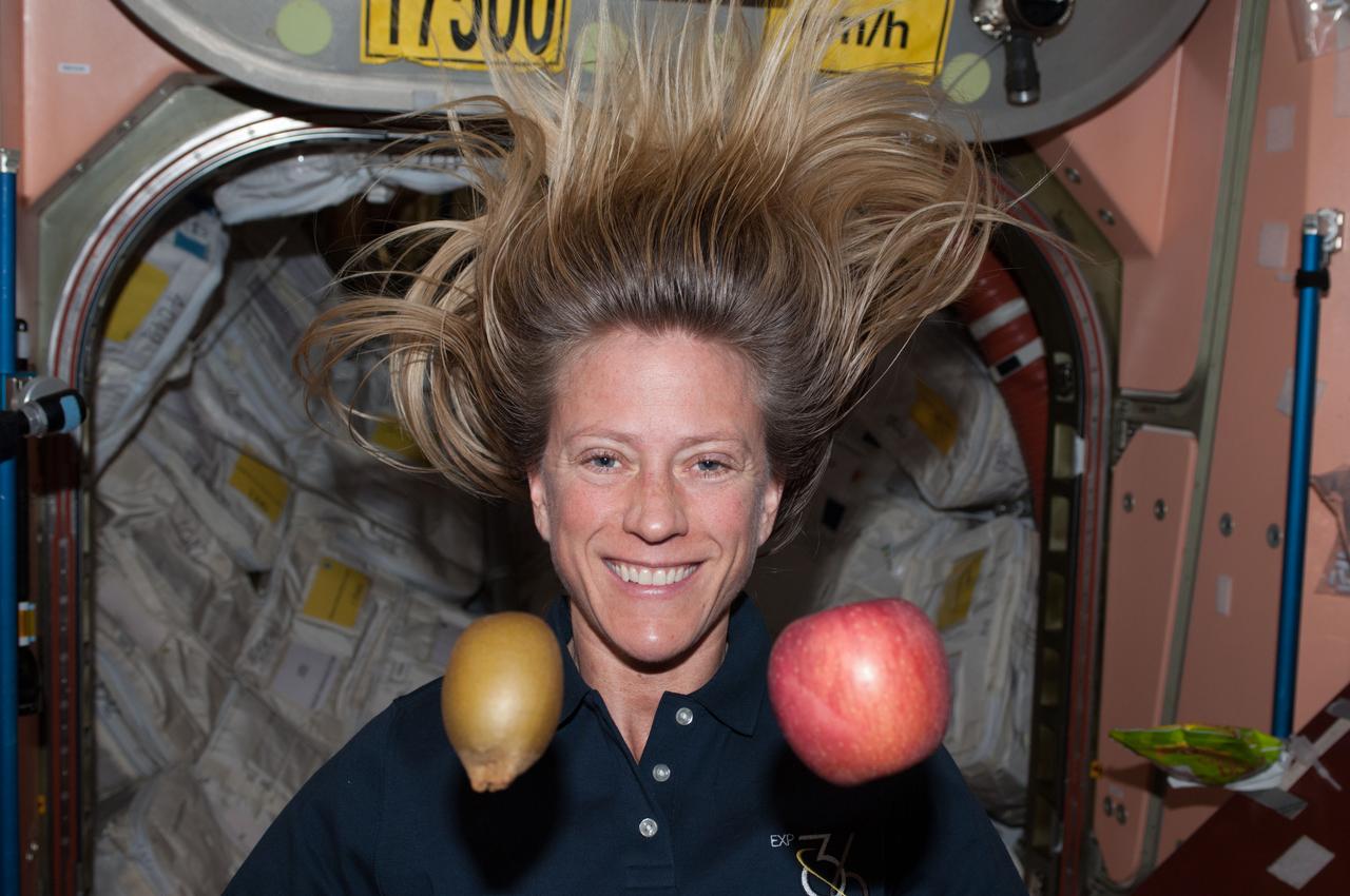 ISS036-E-032518 (13 Aug. 2013) --- NASA astronaut Karen Nyberg, Expedition 36 flight engineer, is pictured near fresh fruit floating freely in the Unity node of the International Space Station.