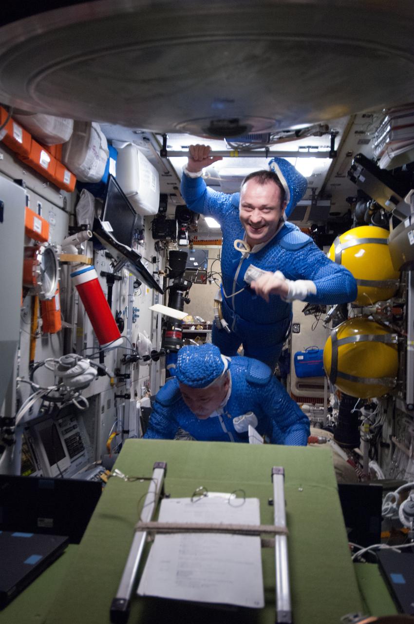 ISS036-E-035256 (22 Aug. 2013) --- Russian cosmonauts Alexander Misurkin (top) and Fyodor Yurchikhin, both Expedition 36 flight engineers, are pictured in the Zvezda Service Module of the International Space Station following a session of extravehicular activity (EVA). Misurkin and Yurchikhin are wearing blue thermal undergarments that complement the Russian Orlan spacesuit.