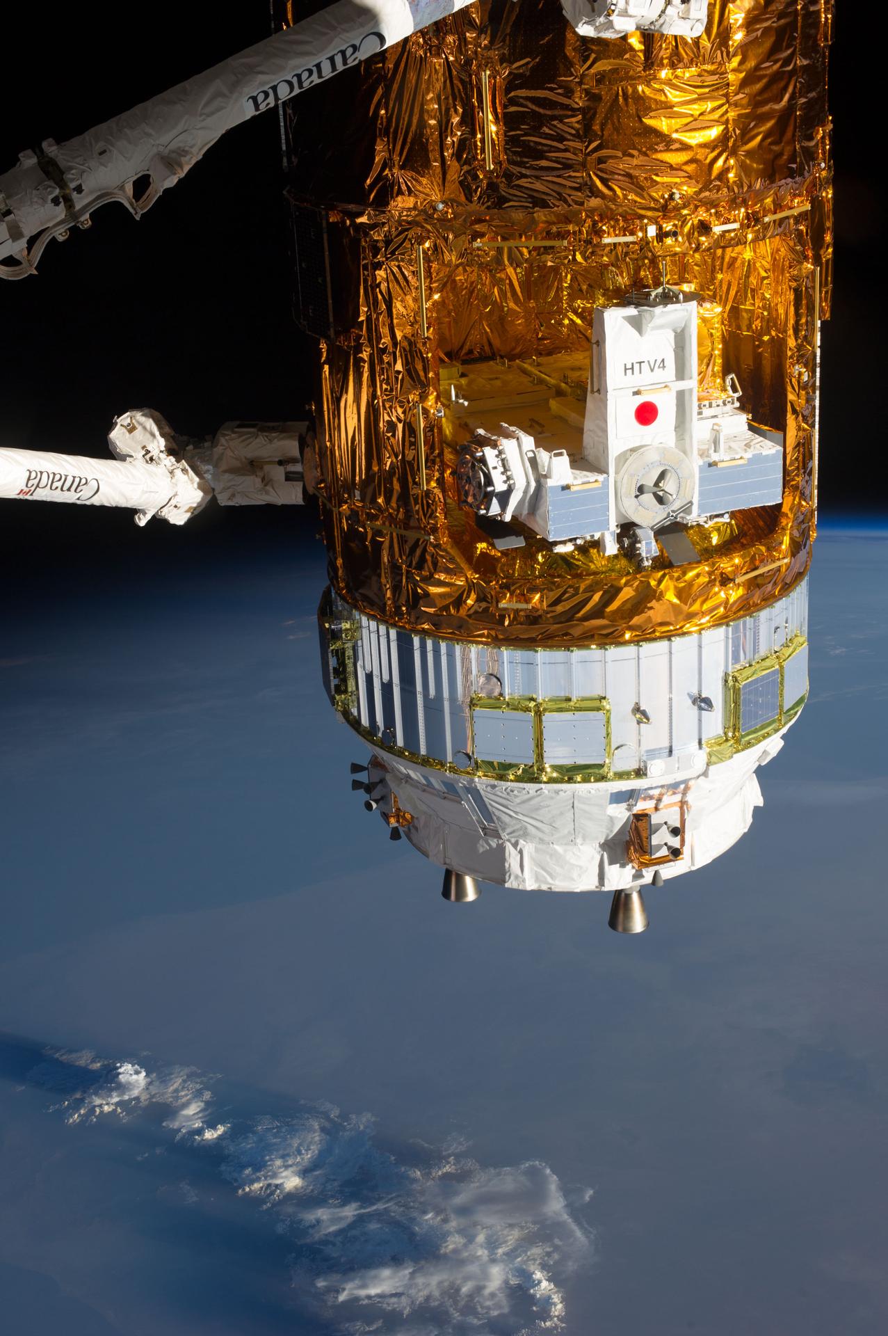 View of Japanese Kounotori H2 Transfer Vehicle-4 (HTV-4) docked to the International Space Station's Harmony Node 2 module.