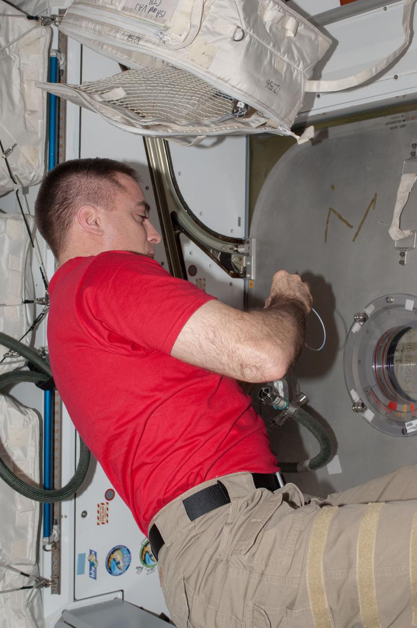 ISS036-E-039423 (3 Sept. 2013) --- NASA astronaut Chris Cassidy, Expedition 36 flight engineer, works near a hatch in the Harmony node of the International Space Station.
