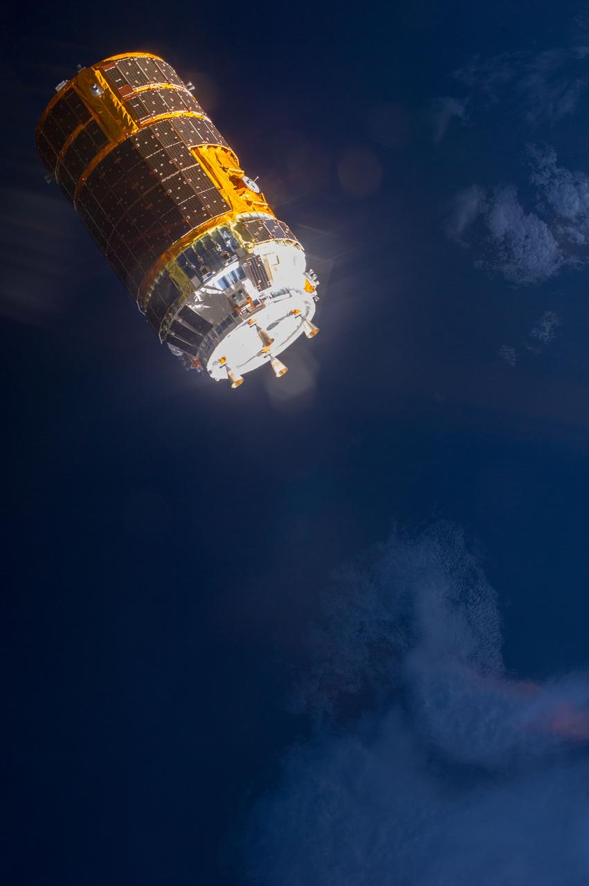 ISS036-E-039553 (04 Sept. 2013) ---  One of the Expedition 36 crew members aboard the International Space Station took this picture of the Japanese HTV-4 unmanned cargo spacecraft, backdropped against clouds, following its unberthing and release from the orbital outpost.  HTV-4, after backing away from the flying complex, headed for re-entry into Earth's atmosphere, burning upon re-entry.  HTV-4 was launched by Japan?s Aerospace Exploration Agency (JAXA) on Aug. 4 of this year in order to bring up supplies for the astronauts and cosmonauts onboard the station.