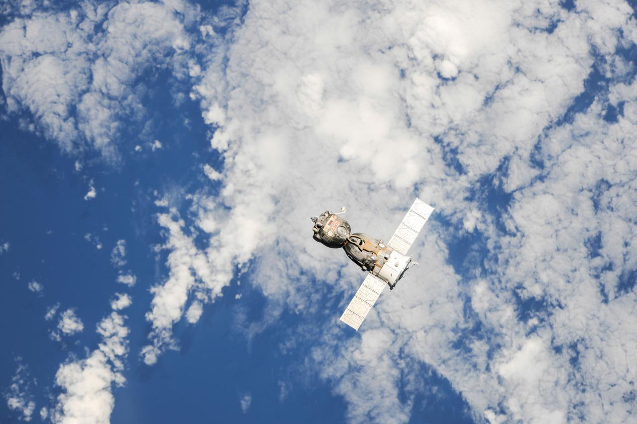 ISS037-E-000033 (10 Sept. 2013) --- The Soyuz TMA-08M spacecraft departs from the International Space Station?s Poisk Mini-Research Module 2 (MRM2) and heads toward a landing in a remote area near the town of Zhezkazgan, Kazakhstan, on Sept. 11, 2013 (Kazakhstan time). Russian cosmonaut Pavel Vinogradov, Expedition 36 commander; along with NASA astronaut Chris Cassidy and Russian cosmonaut Alexander Misurkin, both flight engineers, are ending a five-and-a-half month stay at the space station where they served as members of the Expedition 35 and 36 crews.