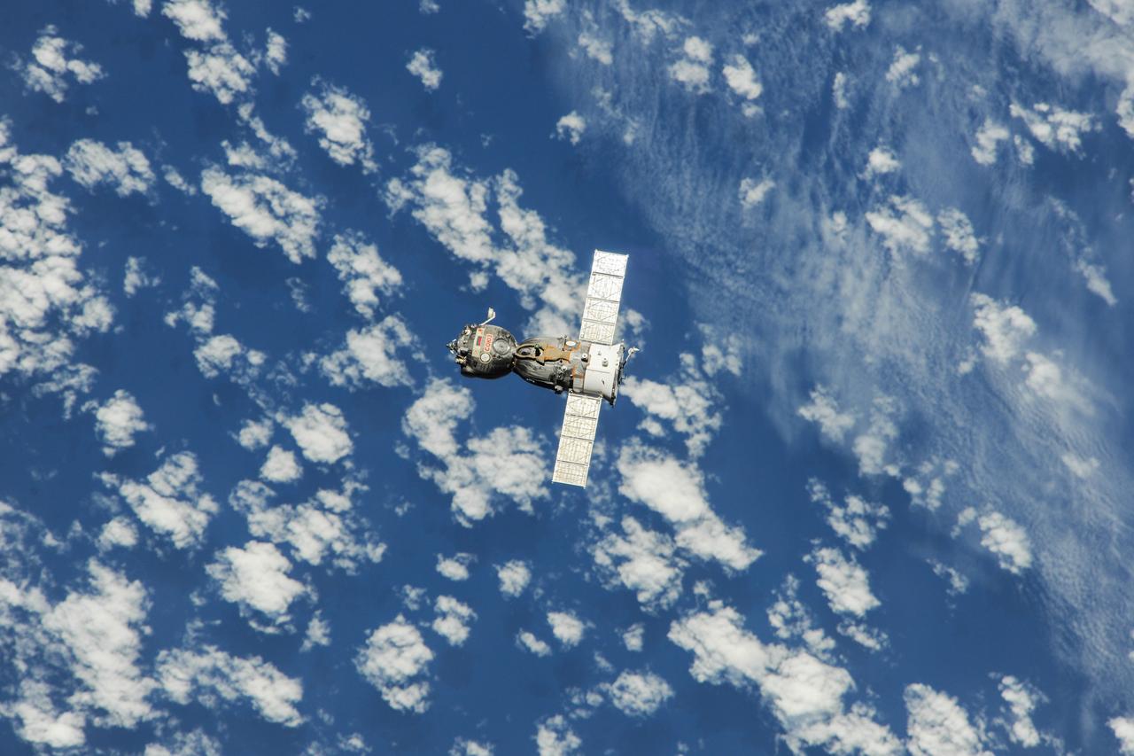 ISS037-E-000038 (10 Sept. 2013) --- The Soyuz TMA-08M spacecraft departs from the International Space Station?s Poisk Mini-Research Module 2 (MRM2) and heads toward a landing in a remote area near the town of Zhezkazgan, Kazakhstan, on Sept. 11, 2013 (Kazakhstan time). Russian cosmonaut Pavel Vinogradov, Expedition 36 commander; along with NASA astronaut Chris Cassidy and Russian cosmonaut Alexander Misurkin, both flight engineers, are ending a five-and-a-half month stay at the space station where they served as members of the Expedition 35 and 36 crews.