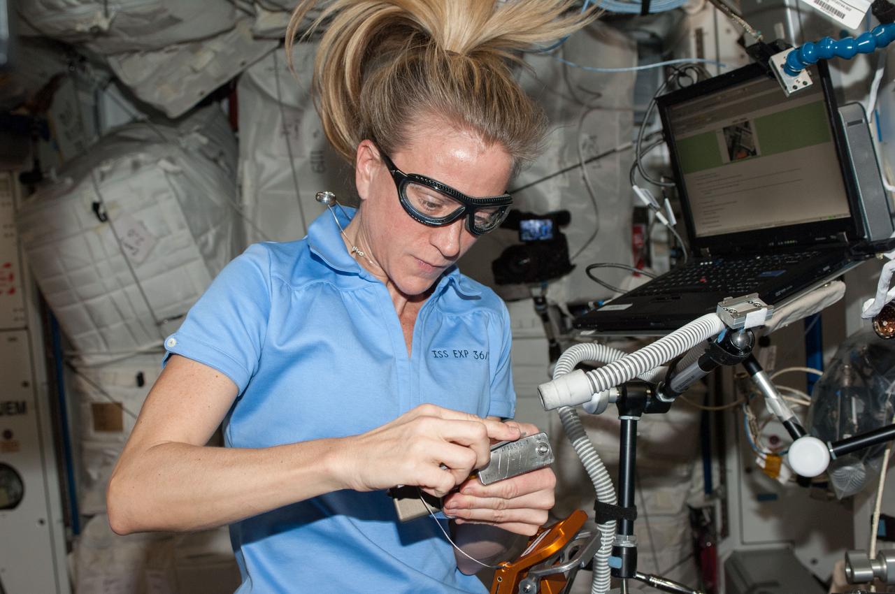ISS037-E-001905 (18 Sept. 2013) --- NASA astronaut Karen Nyberg, Expedition 37 flight engineer, works with hardware at a workstation in the Harmony node of the International Space Station.