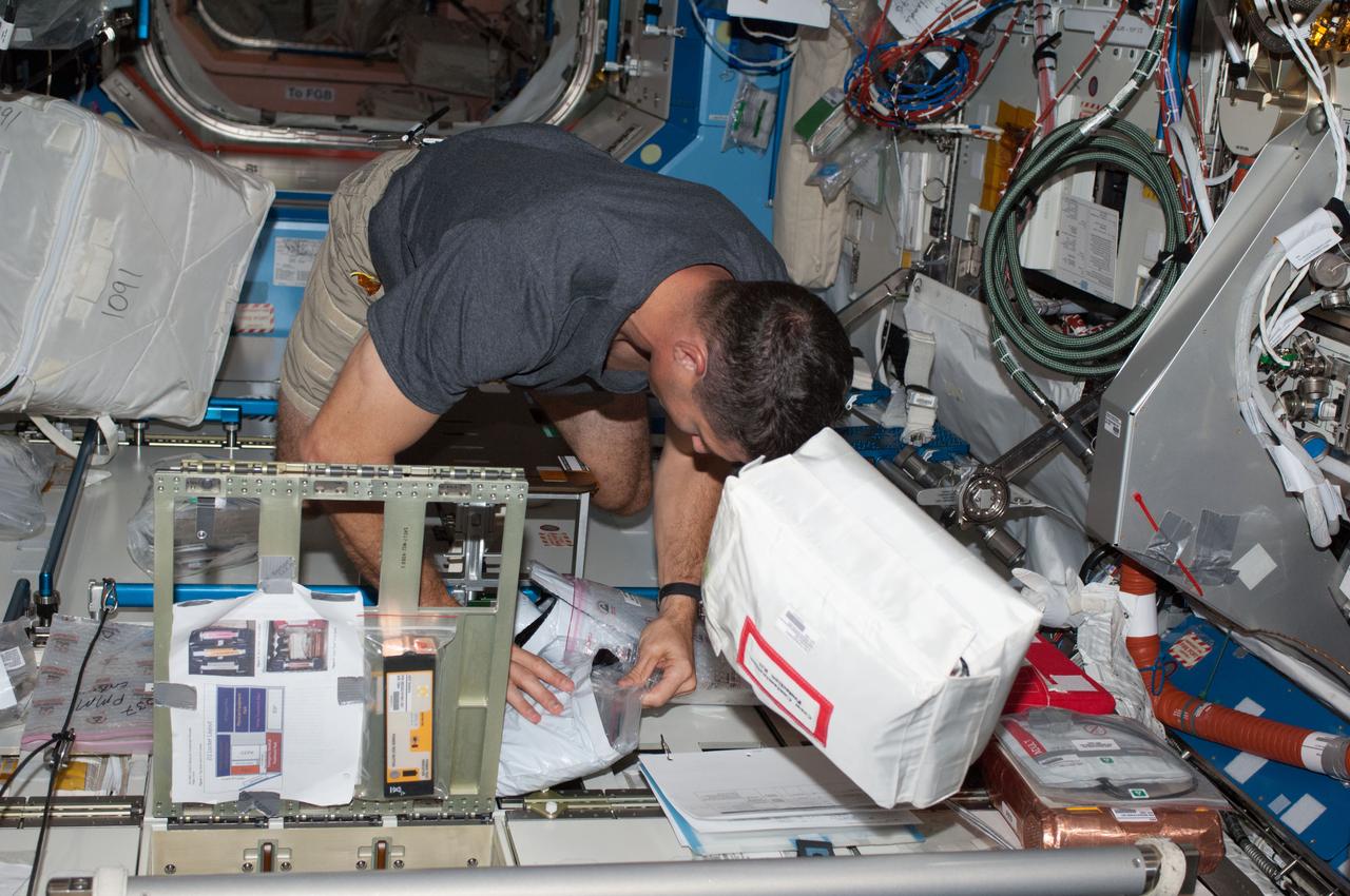 ISS037-E-004816 (27 Sept. 2013) --- NASA astronaut Michael Hopkins, Expedition 37 flight engineer, stows items in a locker in the Destiny laboratory of the International Space Station.