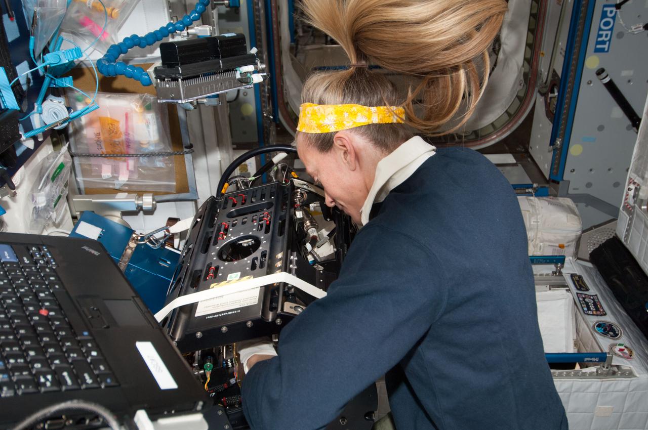 ISS037-E-004956 (2 Oct. 2013) --- NASA astronaut Karen Nyberg, Expedition 37 flight engineer, performs the Multi-user Droplet Combustion Apparatus (MDCA) hardware replacement in the Harmony node of the International Space Station.