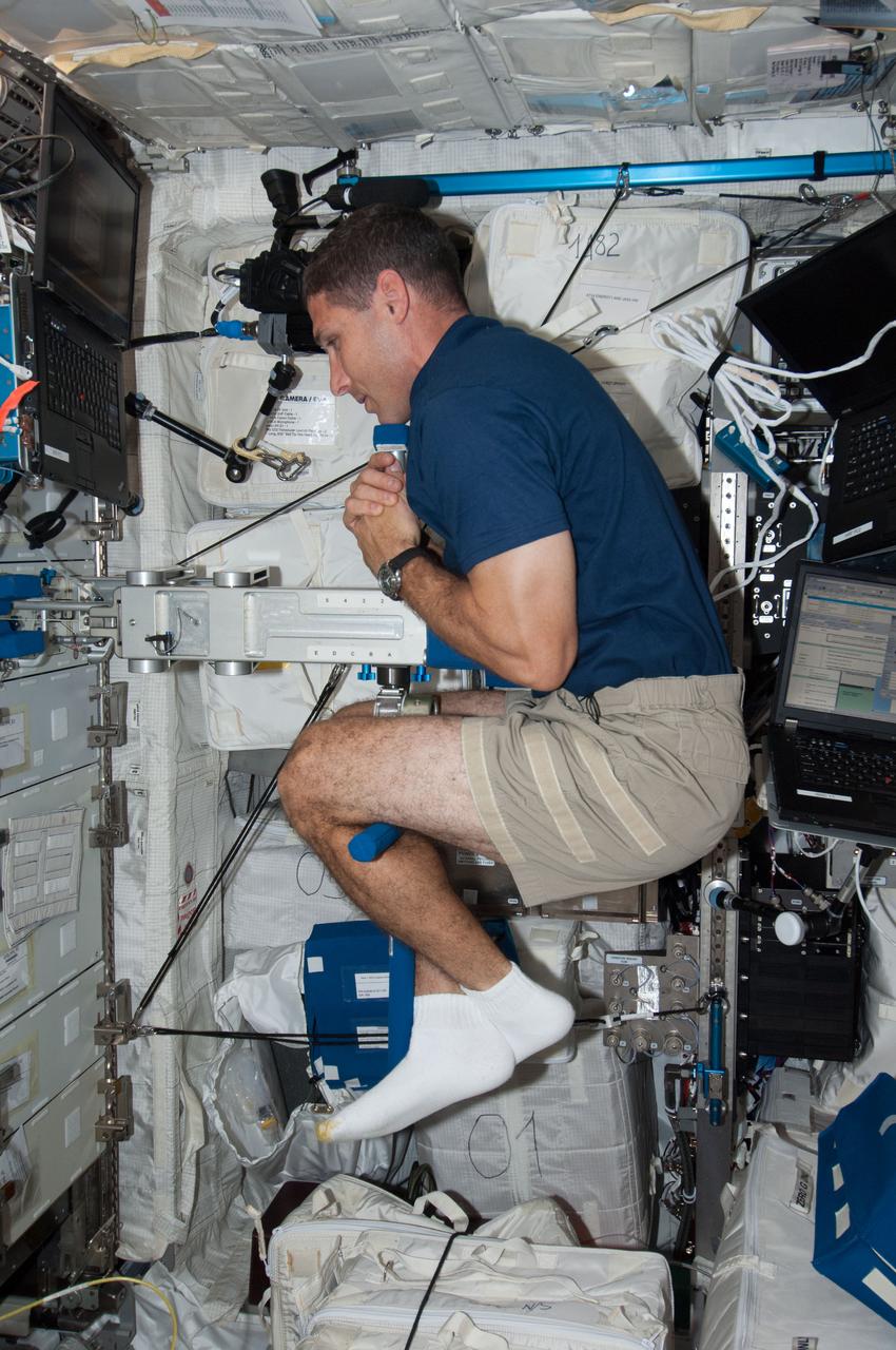 ISS037-E-006475 (3 Oct. 2013) --- NASA astronaut Michael Hopkins, Expedition 37 flight engineer, performs Body Mass Measurement activities using the Space Linear Acceleration Mass Measurement Device (SLAMMD) in the Columbus laboratory aboard the Earth-orbiting International Space Station.