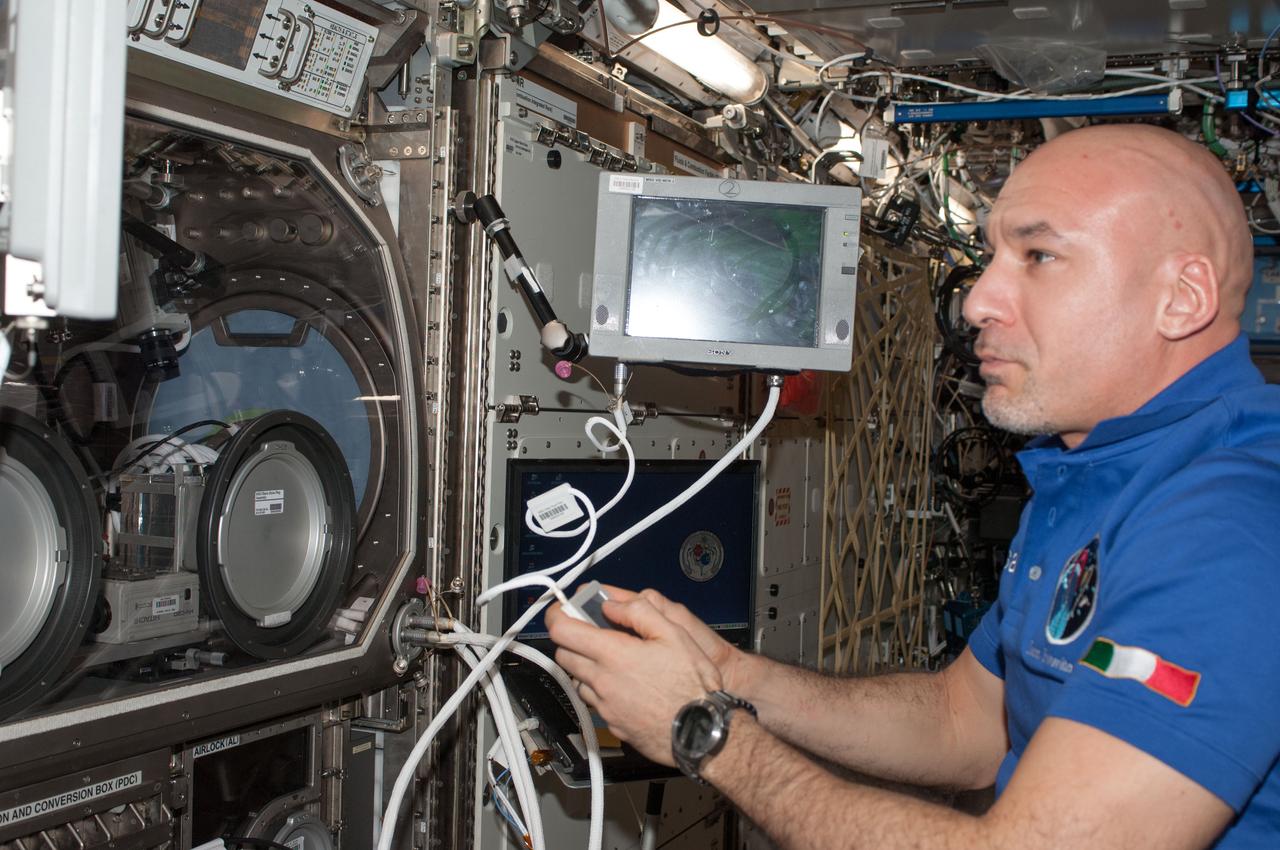 ISS037-E-010698 (14 Oct. 2013) --- European Space Agency astronaut Luca Parmitano, Expedition 37 flight engineer, works with the Investigating the Structure of Paramagnetic Aggregates from Colloidal Emulsions - 3 (InSPACE-3) experiment in the Destiny laboratory of the International Space Station.