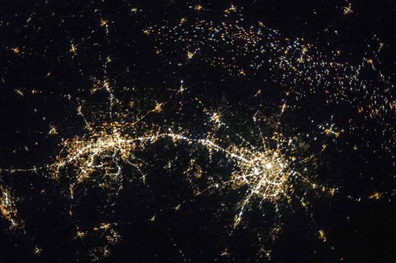 Earth observation taken during a night pass by the Expedition 37 crew. City lights are visible. Per Twitter message this is San Antonio and Austin Texas.