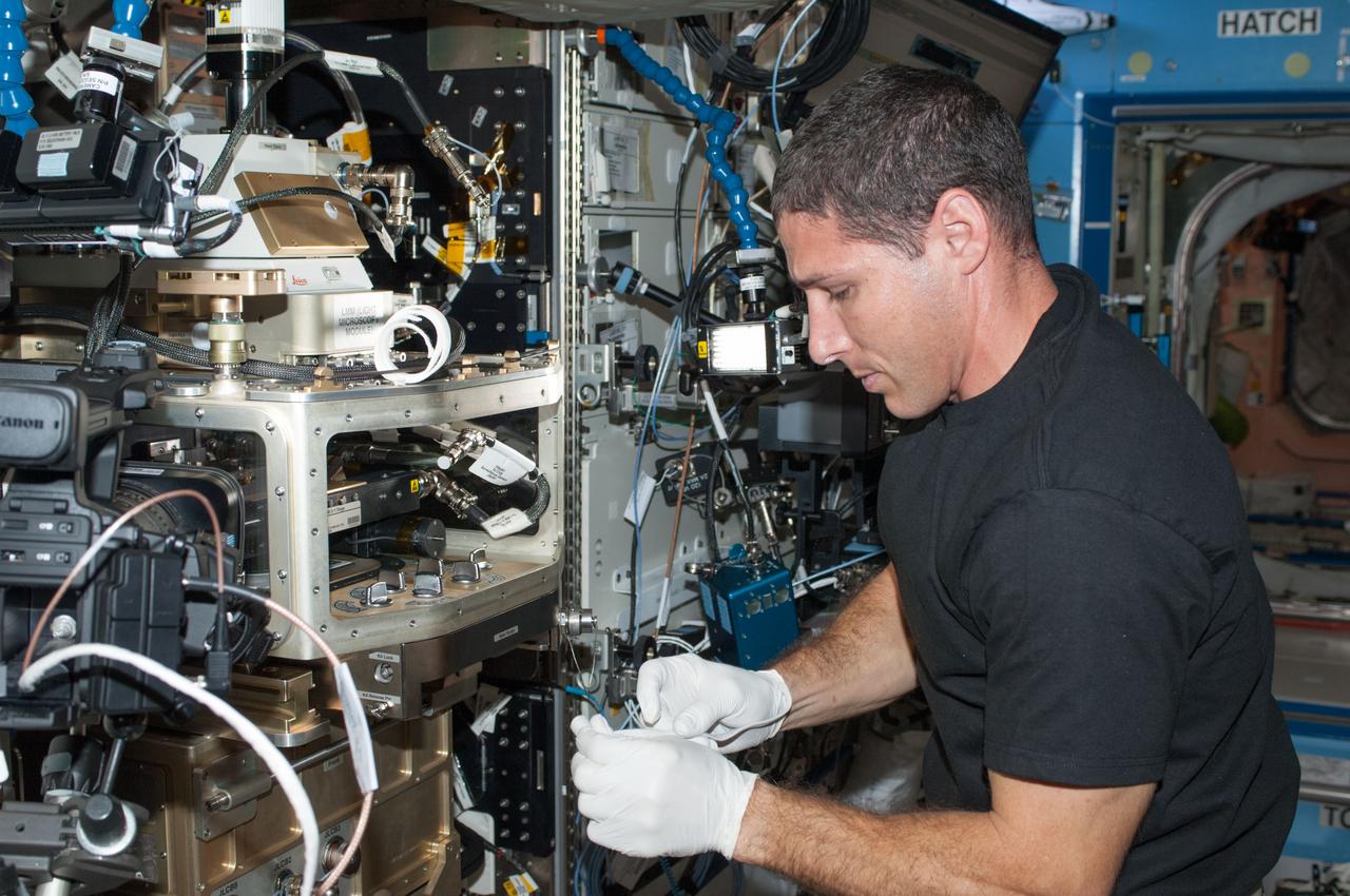 ISS037-E-013951 (14 Oct. 2013) --- NASA astronaut Michael Hopkins, Expedition 37 flight engineer, works at the Light Microscopy Module (LMM) in the Fluids Integrated Rack / Fluids Combustion Facility (FIR/FCF) located in the Destiny laboratory of the International Space Station.