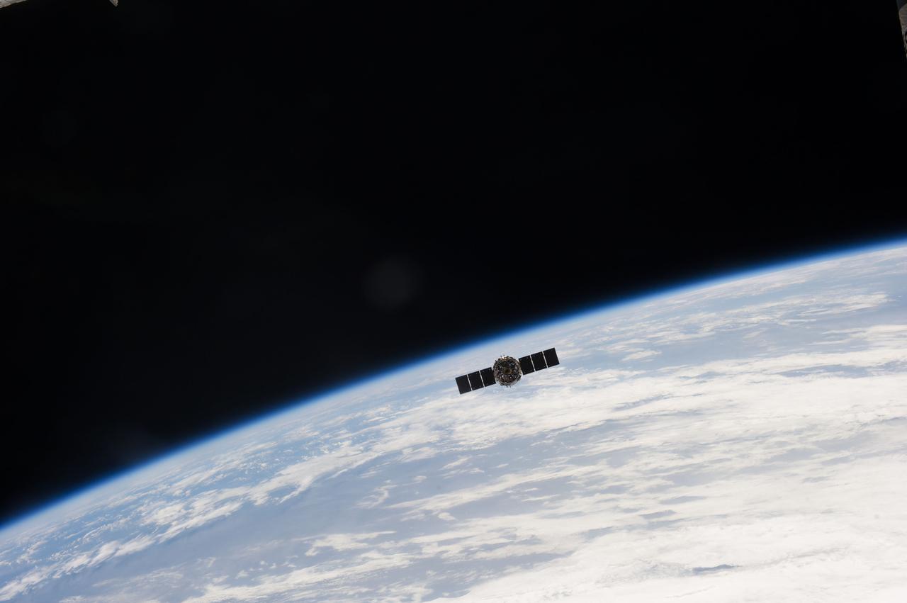 The Orbital Sciences Cygnus commercial craft begins its relative separation from the International Space Station after three weeks at the station.