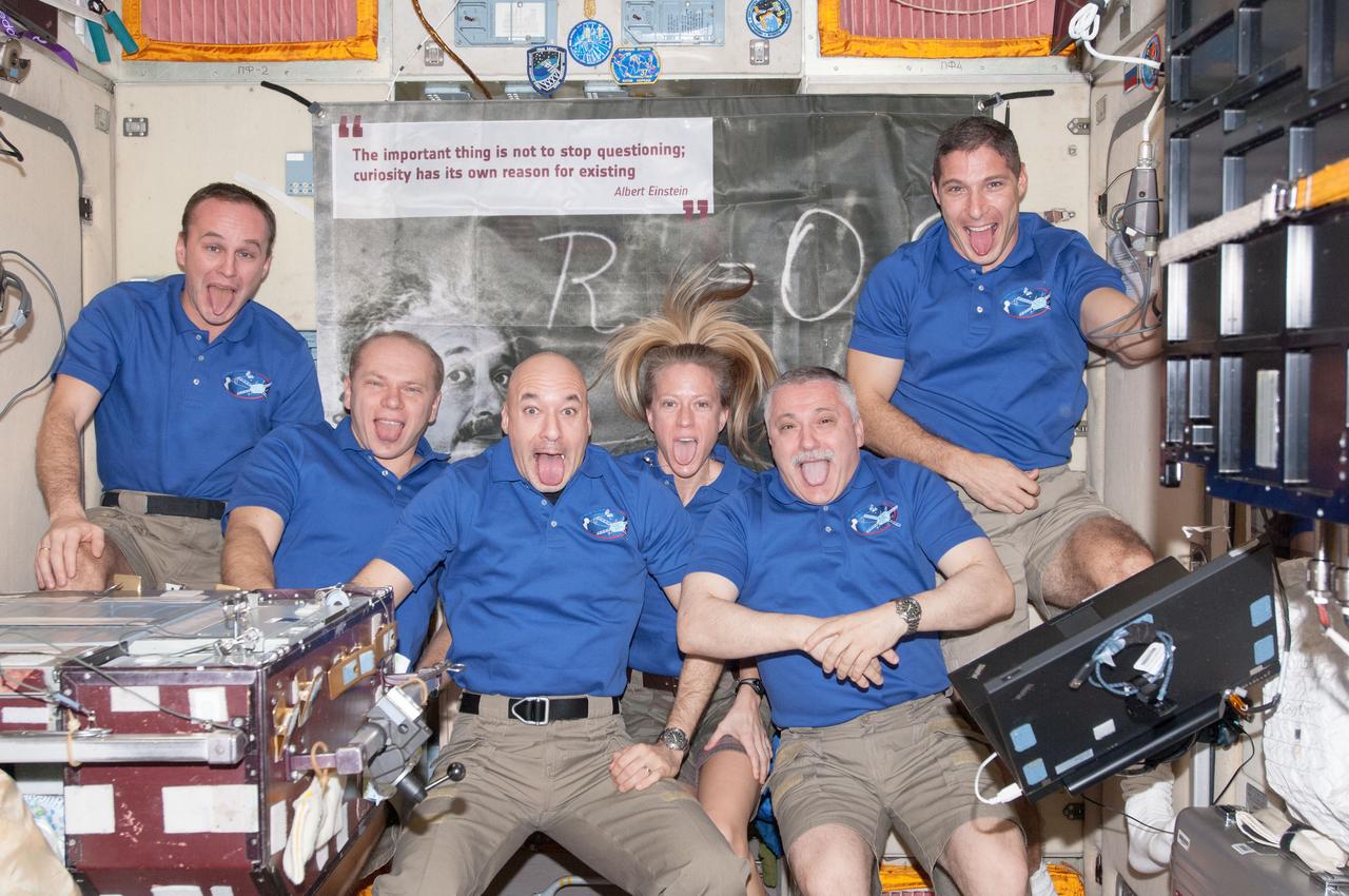 Expedition 37 crewmembers pose for a crew portrait in front of a banner depicting Albert Einstein - the scientist for whom the ATV is named. From l.-r.:Russian cosmonauts Sergey Ryazanskiy and Oleg Kotov,European Space Agency astronaut Luca Parmitano,Astronaut Karen Nyberg (all flight engineers),Cosmonaut Fyodor Yurchikhin (mission commander) and Astronaut Michael Hopkins (flight engineer).