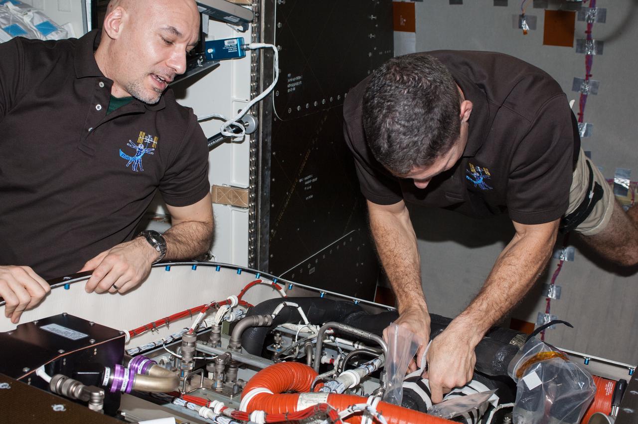 ISS037-E-021985 (28 Oct. 2013) --- In the International Space Station?s Tranquility node, NASA astronaut Michael Hopkins (right) and European Space Agency astronaut Luca Parmitano, both Expedition 37 flight engineers, perform routine in-flight maintenance within the Carbon Dioxide Removal Assembly. This device removes carbon dioxide from the station?s atmosphere and is part of the station?s Environmental Control and Life Support System that provides clean water and air to the crew.