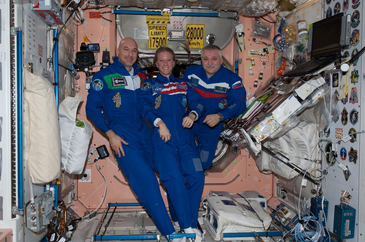 ISS037-E-024868 (31 Oct. 2013) --- Russian cosmonaut Fyodor Yurchikhin (right), Expedition 37 commander; along with NASA astronaut Karen Nyberg and European Space Agency astronaut Luca Parmitano, both flight engineers, pose for a portrait in the Unity node of the International Space Station.
