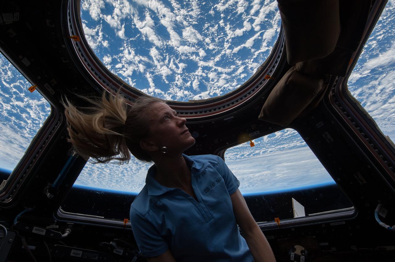 ISS037-E-026900 (4 Nov. 2013) --- NASA astronaut Karen Nyberg, Expedition 37 flight engineer, enjoys the view of Earth from the windows in the Cupola of the International Space Station. A blue and white part of Earth is visible through the windows.