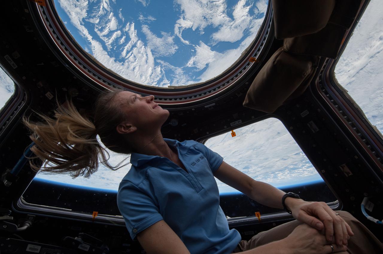ISS037-E-026913 (4 Nov. 2013) --- NASA astronaut Karen Nyberg, Expedition 37 flight engineer, enjoys the view of Earth from the windows in the Cupola of the International Space Station. A blue and white part of Earth is visible through the windows.
