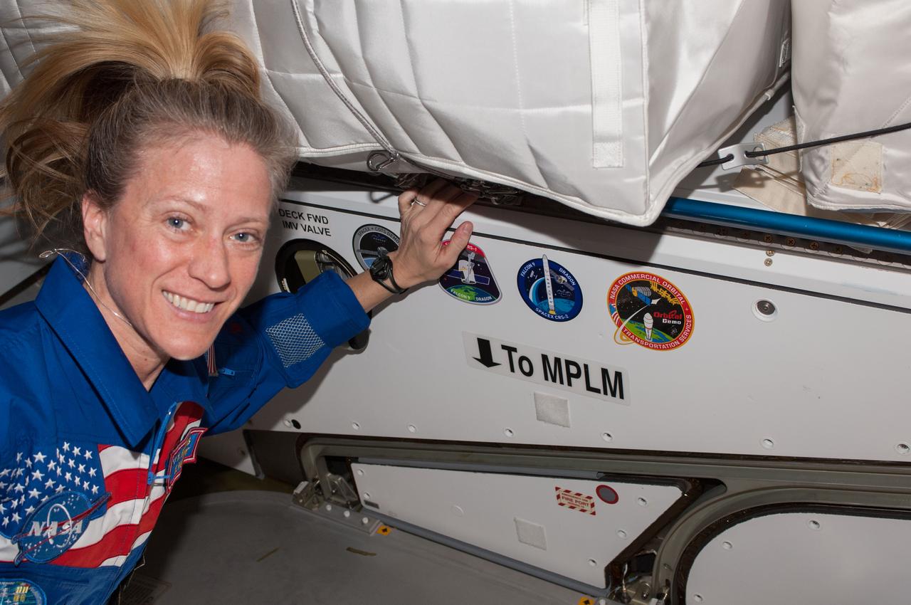 ISS037-E-028325 (9 Nov. 2013) --- NASA astronaut Karen Nyberg, Expedition 37 flight engineer, poses for a photo after placing the NASA Commercial Orbital Transportation Services insignia in the Harmony node of the International Space Station.