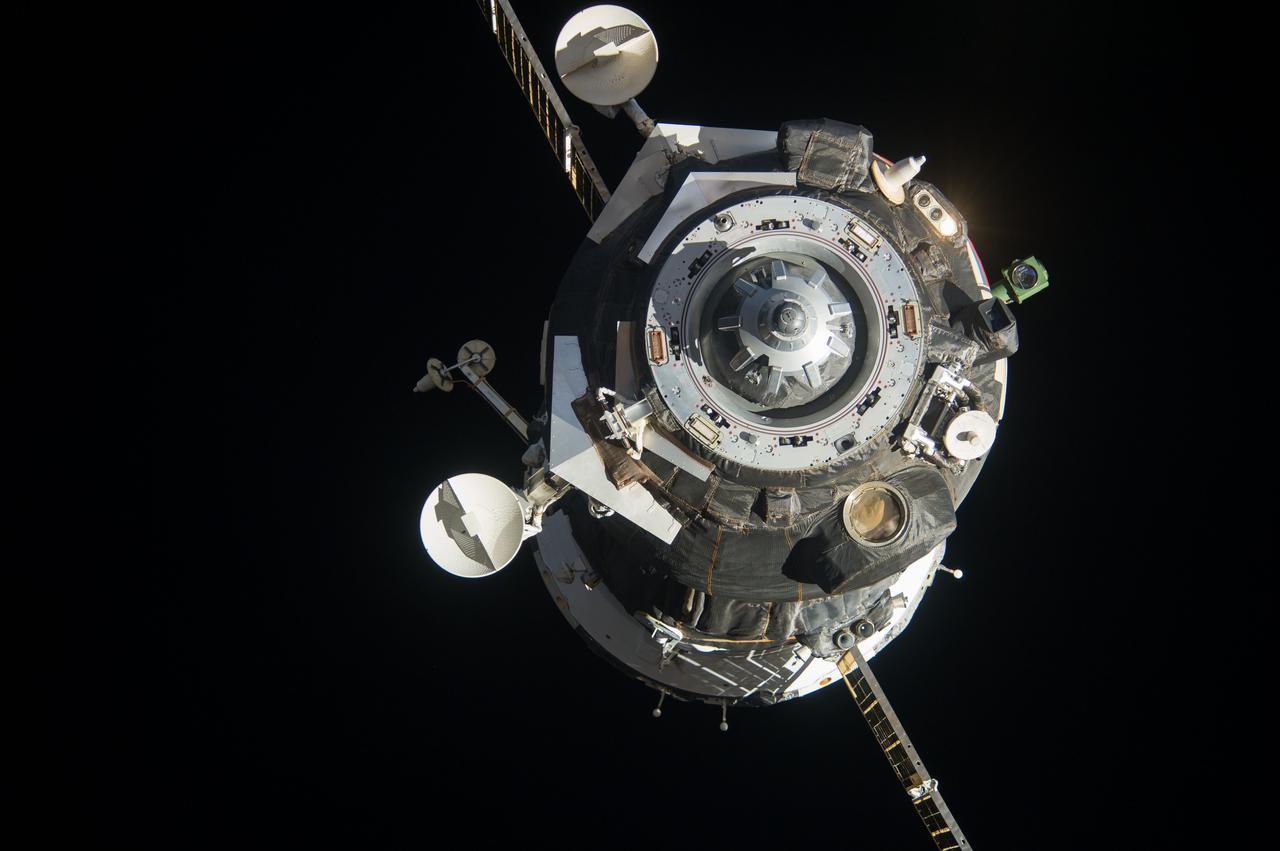 ISS038-E-001124 (10 Nov. 2013) --- The Soyuz TMA-09M spacecraft departs from the International Space Station’s Zvezda Service Module and heads toward a landing near the town of Zhezkazgan, Kazakhstan on Nov. 11, 2013 (Kazakh time). Russian cosmonaut Fyodor Yurchikhin, Expedition 37 commander; along with NASA astronaut Karen Nyberg and European Space Agency astronaut Luca Parmitano, both flight engineers, are ending a five-and-a-half month stay at the space station where they served as members of the Expedition 36 and 37 crews.