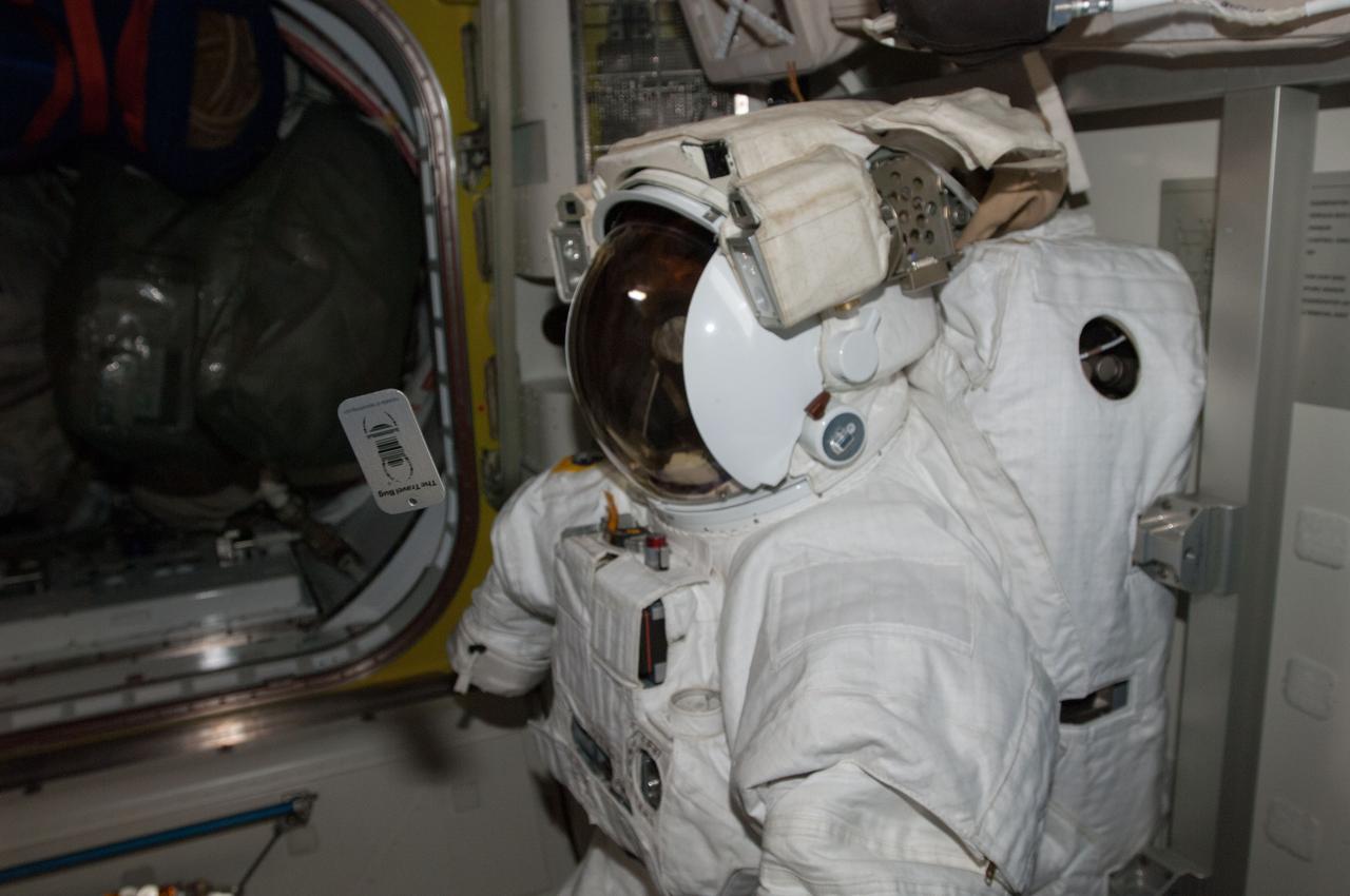View of Extravehicular Mobility Unit (EMU) with geocaching travel bug,in the airlock (A/L).  Photo was taken during Expedition 38.  Image was released by astronaut on Twitter.
